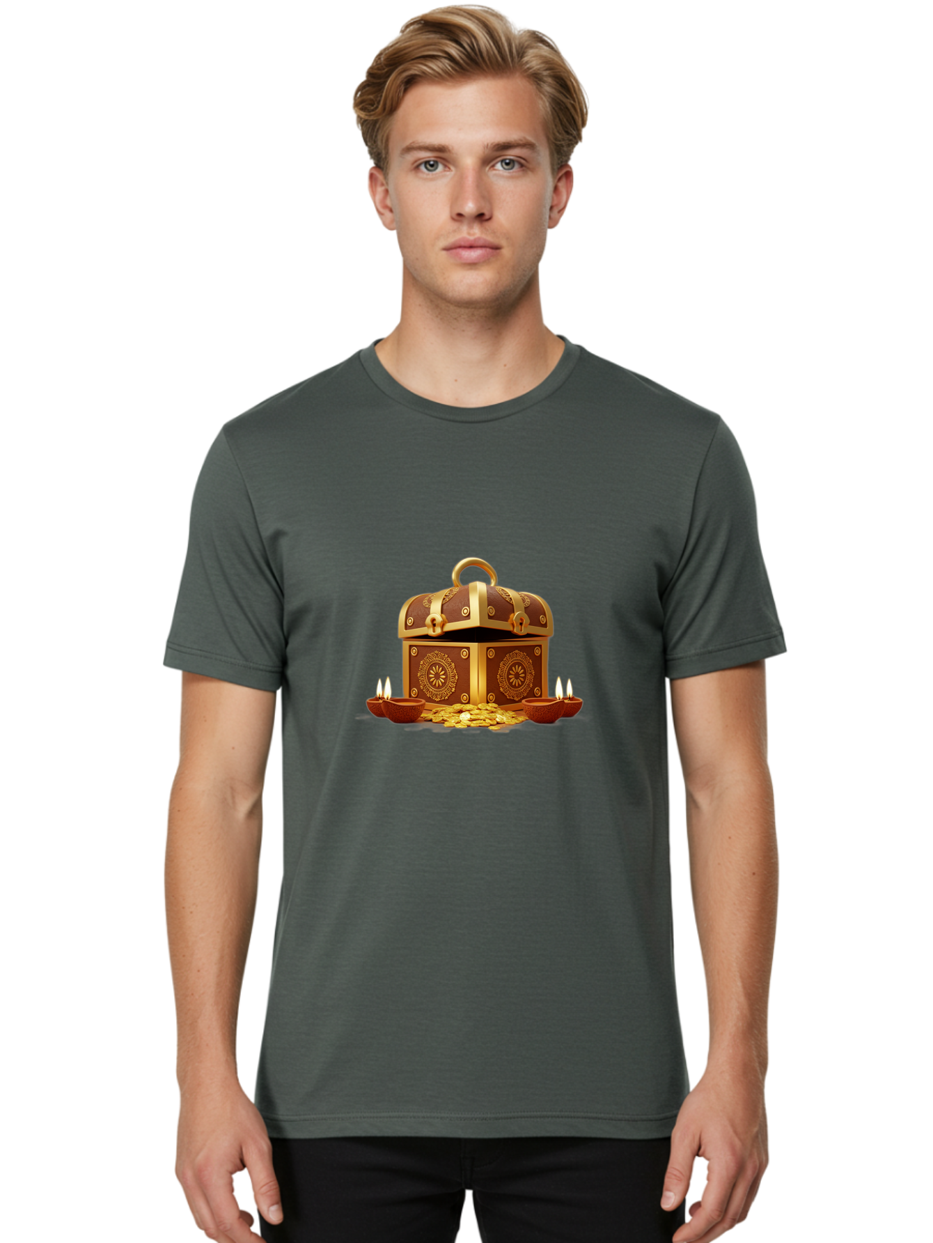 Treasure-Chest Men'S Graphic Tee, 100% Cotton, Comfortable Casual Summer Wear, Machine Washable, Treasure Chest, Gold Coins, Diyas, Lit Candles, Prosperity, Wealth, Traditional Decor, Festive Atmosphere, Indian Culture, Ornate Design Bad859