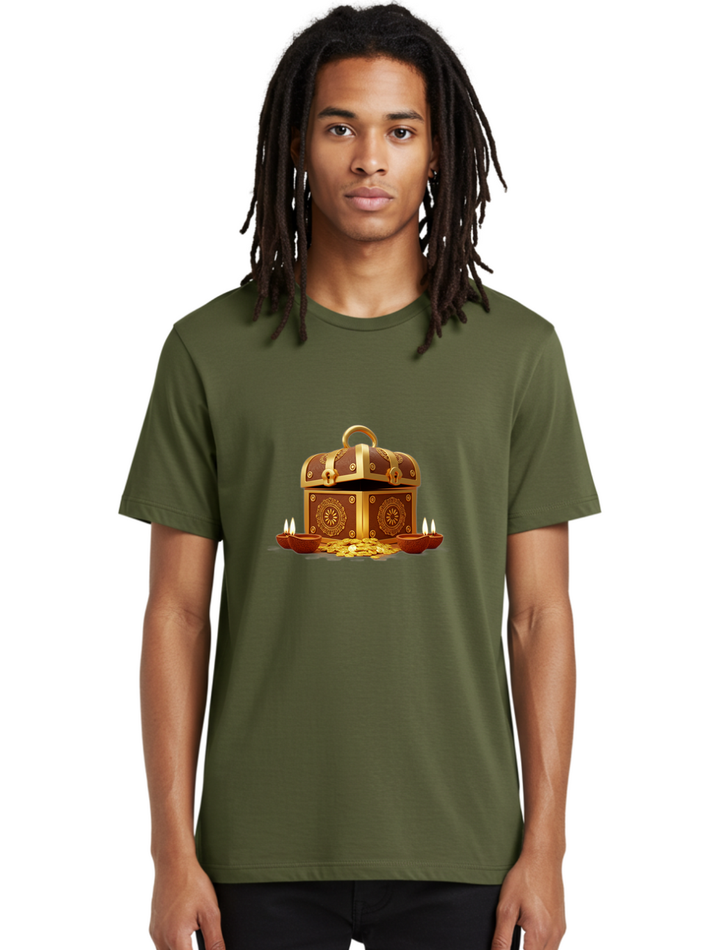 Treasure-Chest Men'S Graphic Tee, 100% Cotton, Comfortable Casual Summer Wear, Machine Washable, Treasure Chest, Gold Coins, Diyas, Lit Candles, Prosperity, Wealth, Traditional Decor, Festive Atmosphere, Indian Culture, Ornate Design Bad859