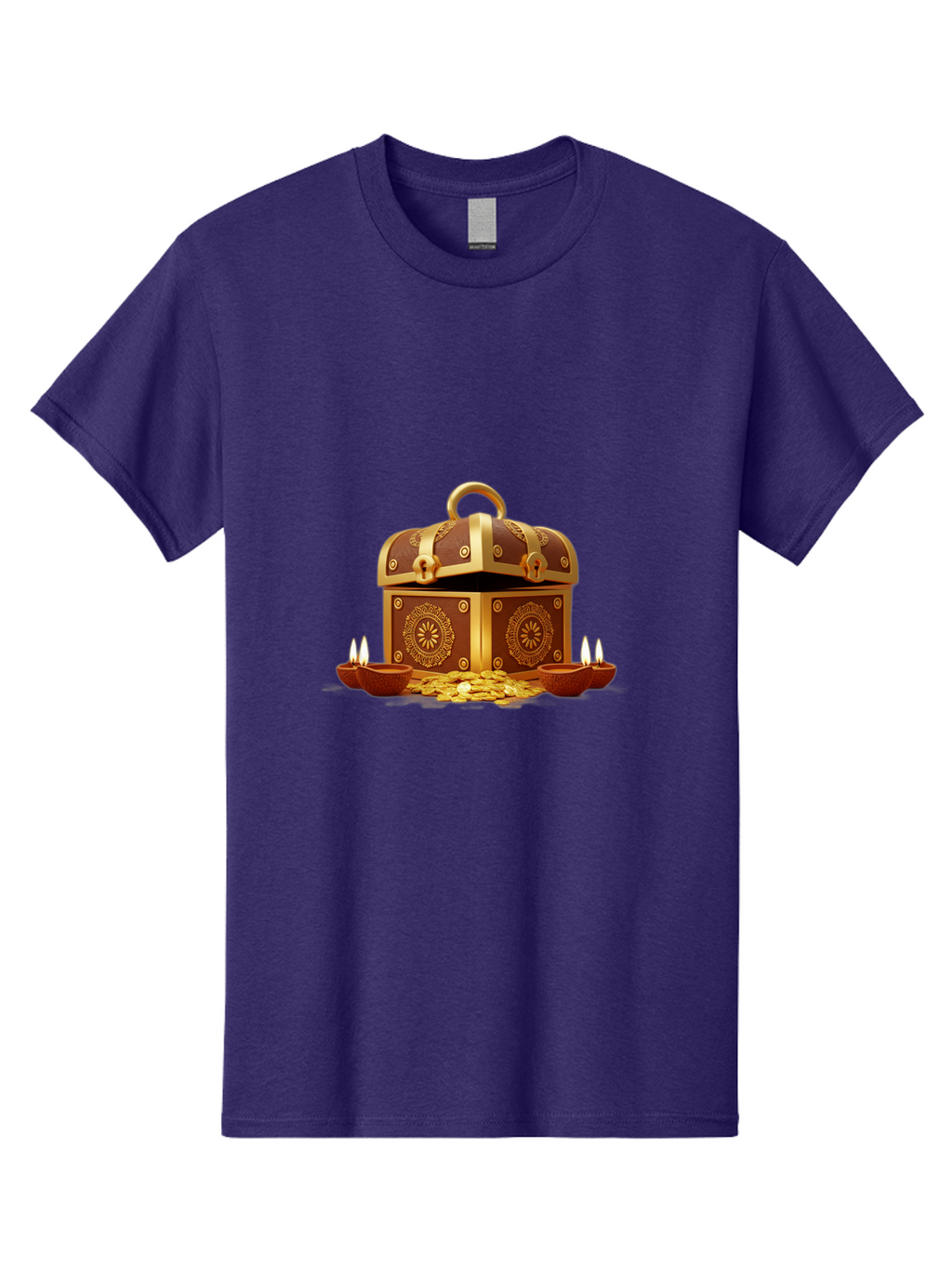 Treasure-Chest Men'S Graphic Tee, 100% Cotton, Comfortable Casual Summer Wear, Machine Washable, Treasure Chest, Gold Coins, Diyas, Lit Candles, Prosperity, Wealth, Traditional Decor, Festive Atmosphere, Indian Culture, Ornate Design Bad859