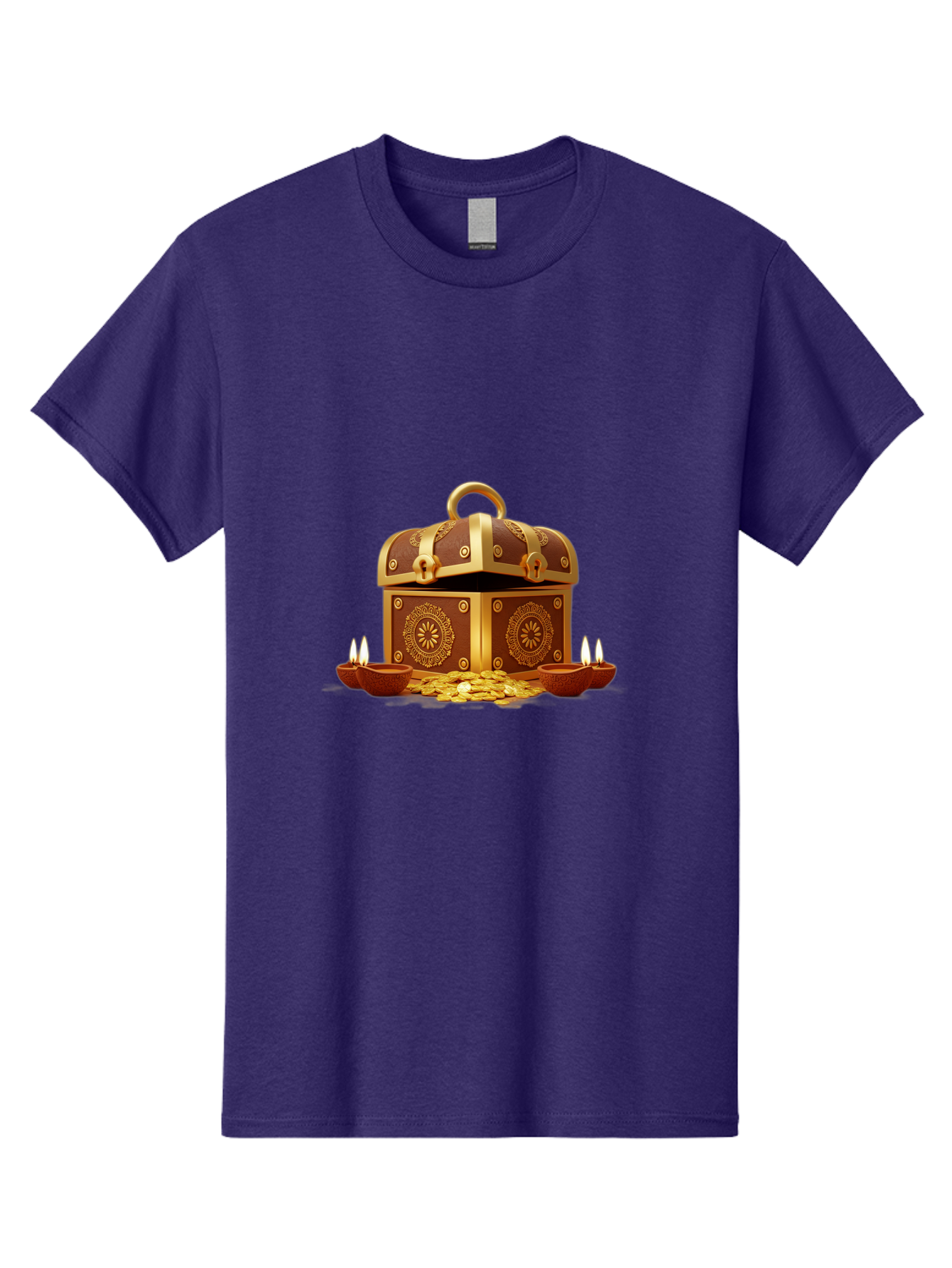 Treasure-Chest Men'S Graphic Tee, 100% Cotton, Comfortable Casual Summer Wear, Machine Washable, Treasure Chest, Gold Coins, Diyas, Lit Candles, Prosperity, Wealth, Traditional Decor, Festive Atmosphere, Indian Culture, Ornate Design Bad859