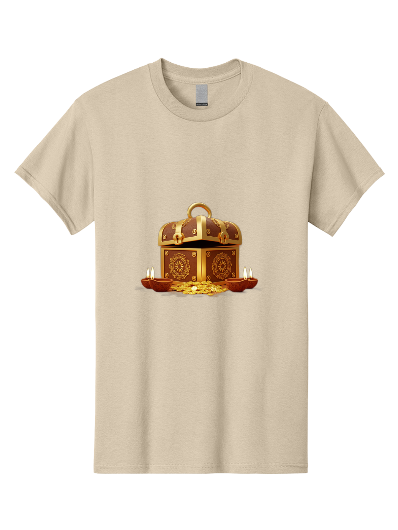 Treasure-Chest Men'S Graphic Tee, 100% Cotton, Comfortable Casual Summer Wear, Machine Washable, Treasure Chest, Gold Coins, Diyas, Lit Candles, Prosperity, Wealth, Traditional Decor, Festive Atmosphere, Indian Culture, Ornate Design Bad859