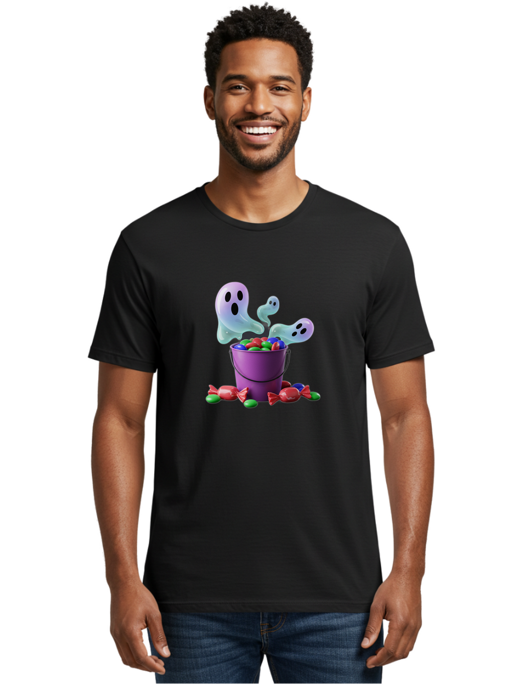 Trick-Or-Treat Men'S Graphic Tee, 100% Cotton, Comfortable Casual Summer Wear, Machine Washable, Halloween Candy, Purple Bucket, Ghostly Figures, Colorful Sweets, Candy Treats, Trick Or Treat, Spooky Season, Festive Treats, Holiday Fun Bad860