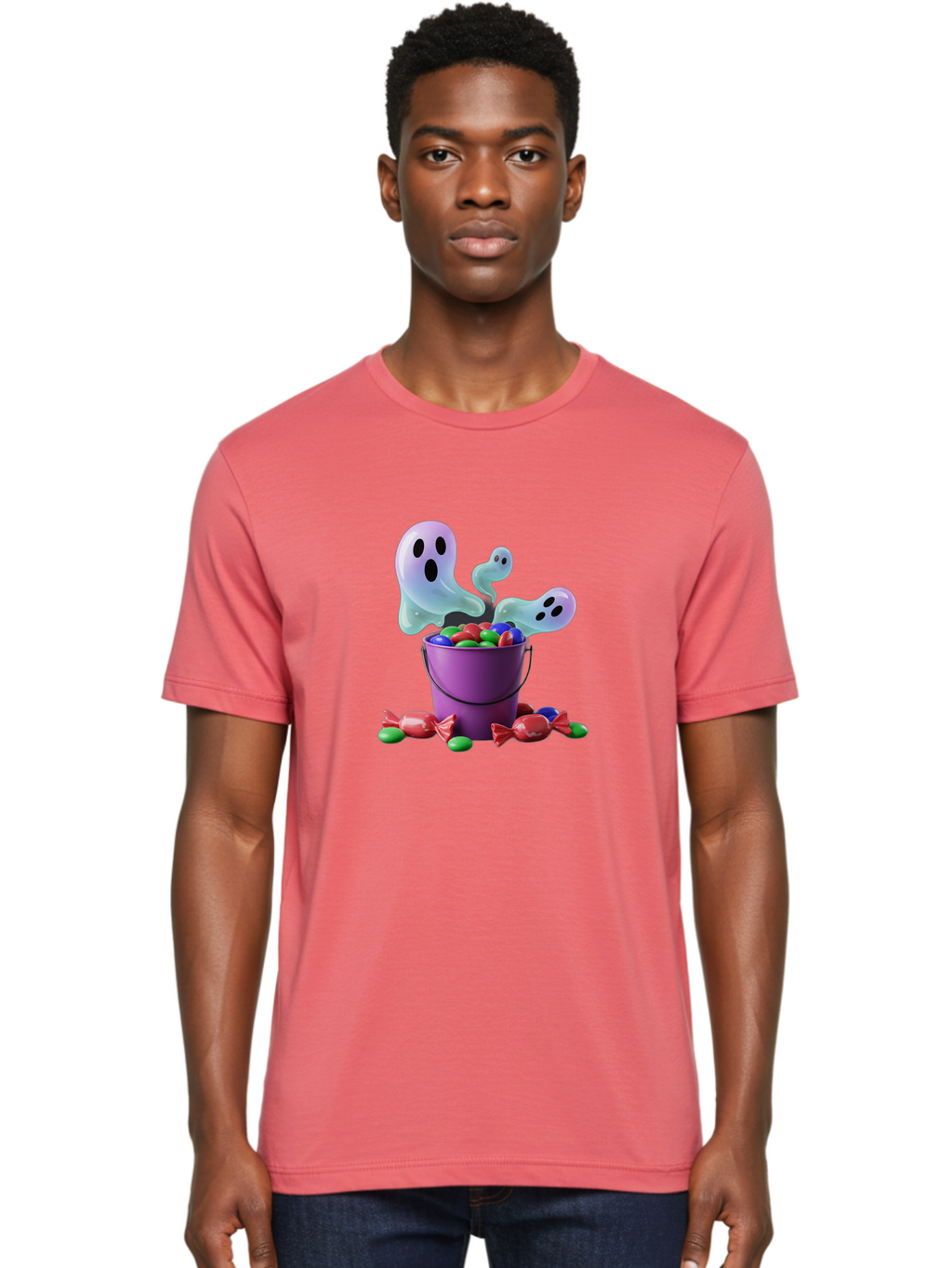 Trick-Or-Treat Men'S Graphic Tee, 100% Cotton, Comfortable Casual Summer Wear, Machine Washable, Halloween Candy, Purple Bucket, Ghostly Figures, Colorful Sweets, Candy Treats, Trick Or Treat, Spooky Season, Festive Treats, Holiday Fun Bad860