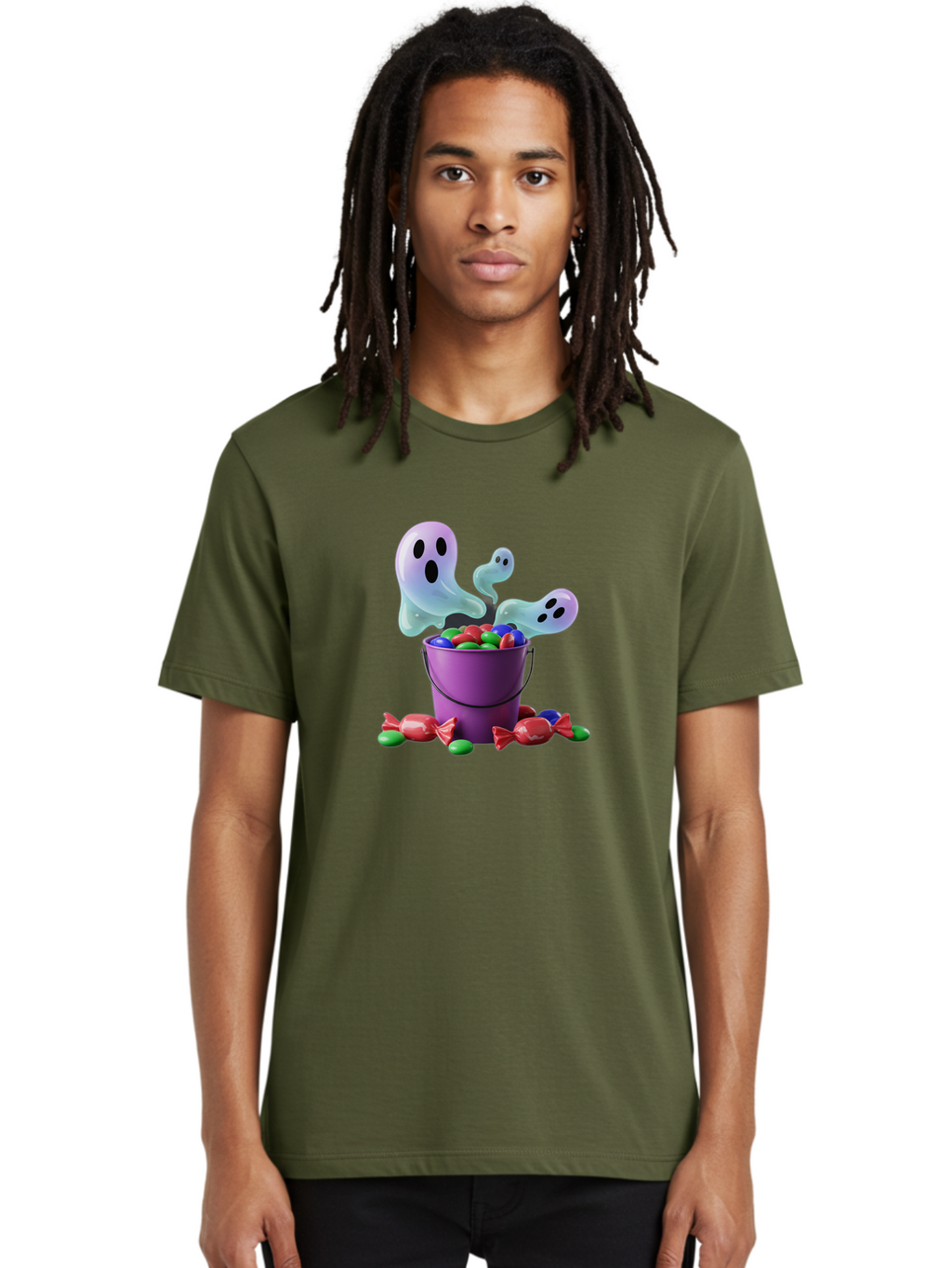 Trick-Or-Treat Men'S Graphic Tee, 100% Cotton, Comfortable Casual Summer Wear, Machine Washable, Halloween Candy, Purple Bucket, Ghostly Figures, Colorful Sweets, Candy Treats, Trick Or Treat, Spooky Season, Festive Treats, Holiday Fun Bad860