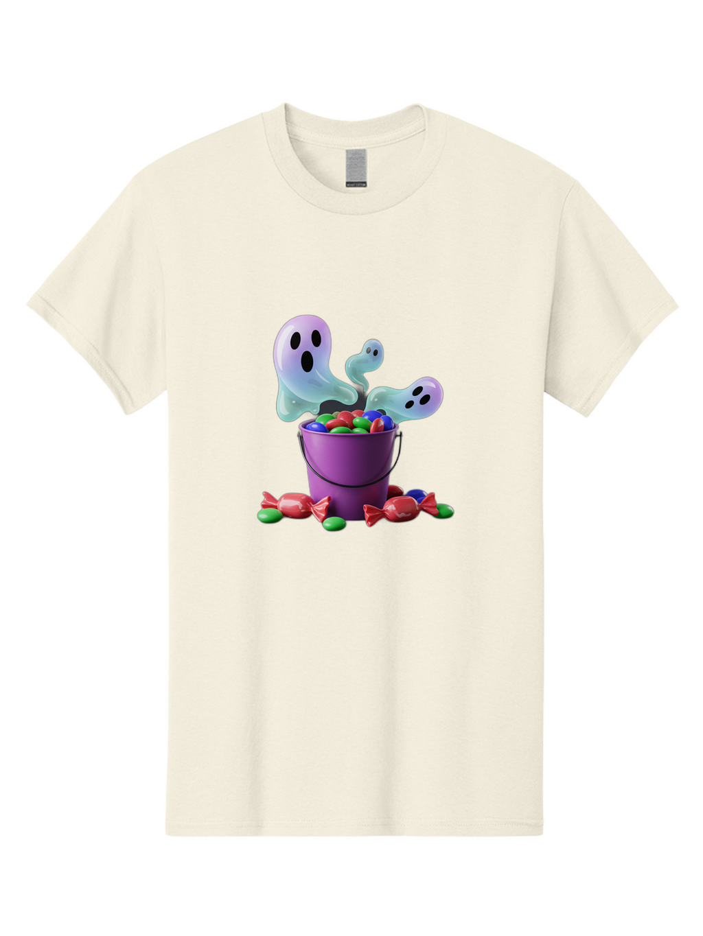 Trick-Or-Treat Men'S Graphic Tee, 100% Cotton, Comfortable Casual Summer Wear, Machine Washable, Halloween Candy, Purple Bucket, Ghostly Figures, Colorful Sweets, Candy Treats, Trick Or Treat, Spooky Season, Festive Treats, Holiday Fun Bad860