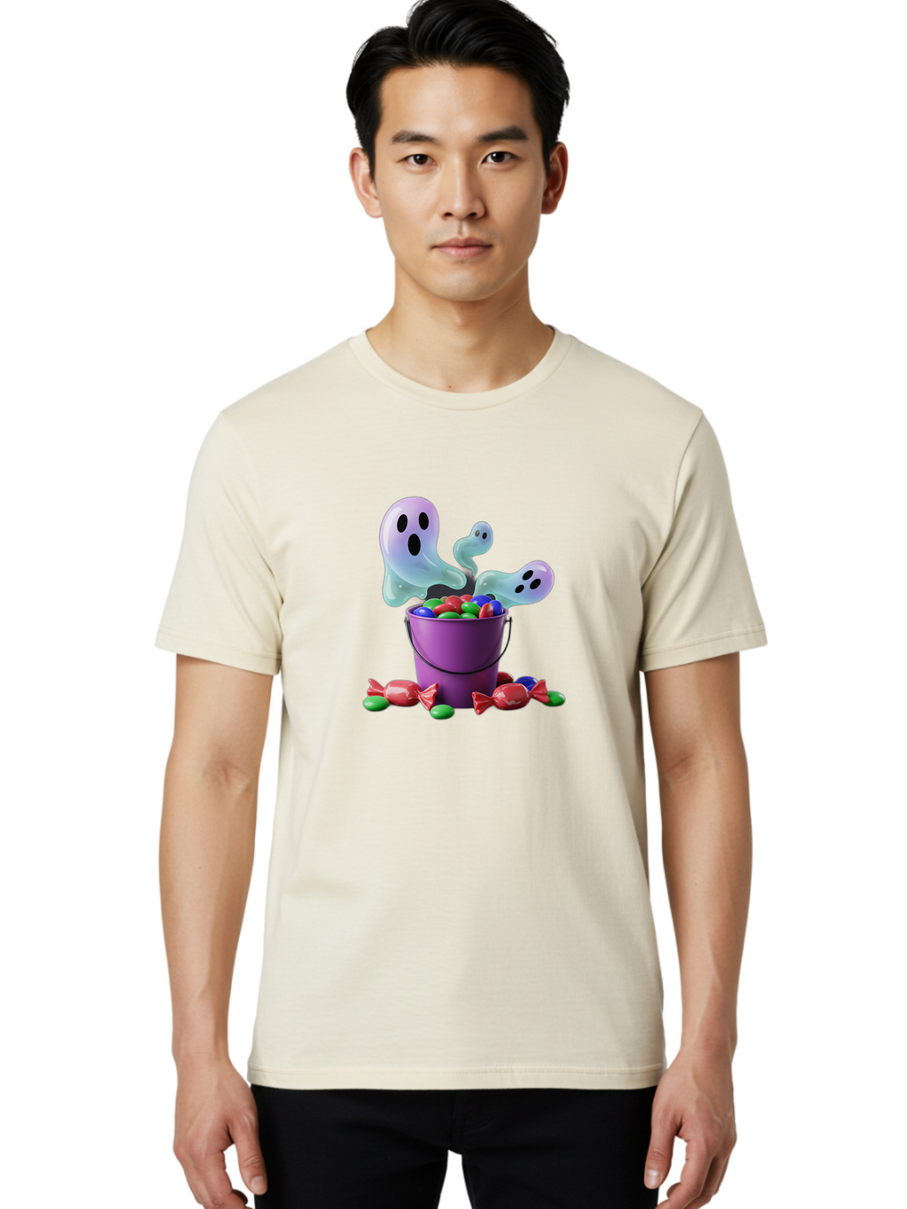 Trick-Or-Treat Men'S Graphic Tee, 100% Cotton, Comfortable Casual Summer Wear, Machine Washable, Halloween Candy, Purple Bucket, Ghostly Figures, Colorful Sweets, Candy Treats, Trick Or Treat, Spooky Season, Festive Treats, Holiday Fun Bad860