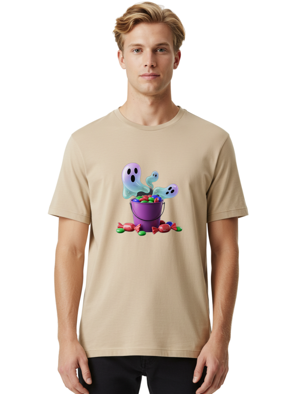 Trick-Or-Treat Men'S Graphic Tee, 100% Cotton, Comfortable Casual Summer Wear, Machine Washable, Halloween Candy, Purple Bucket, Ghostly Figures, Colorful Sweets, Candy Treats, Trick Or Treat, Spooky Season, Festive Treats, Holiday Fun Bad860