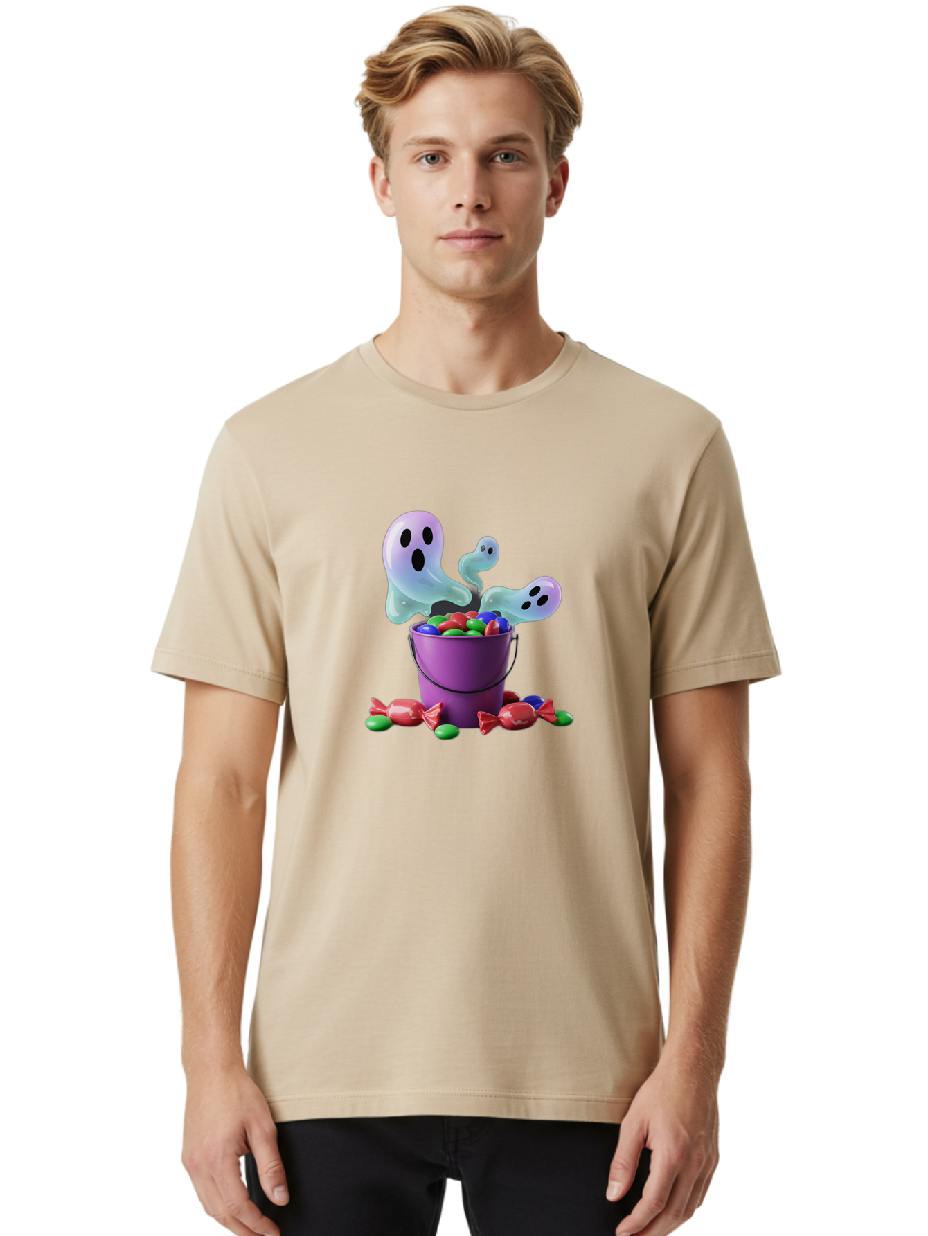Trick-Or-Treat Men'S Graphic Tee, 100% Cotton, Comfortable Casual Summer Wear, Machine Washable, Halloween Candy, Purple Bucket, Ghostly Figures, Colorful Sweets, Candy Treats, Trick Or Treat, Spooky Season, Festive Treats, Holiday Fun Bad860