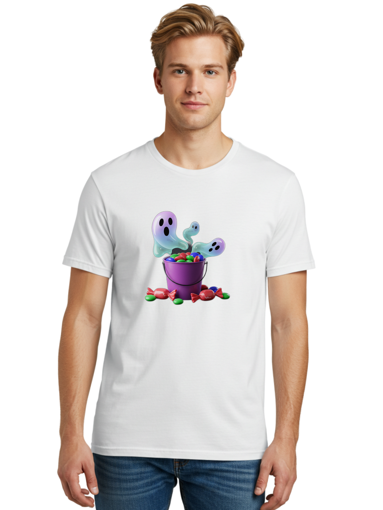 Trick-Or-Treat Men'S Graphic Tee, 100% Cotton, Comfortable Casual Summer Wear, Machine Washable, Halloween Candy, Purple Bucket, Ghostly Figures, Colorful Sweets, Candy Treats, Trick Or Treat, Spooky Season, Festive Treats, Holiday Fun Bad860