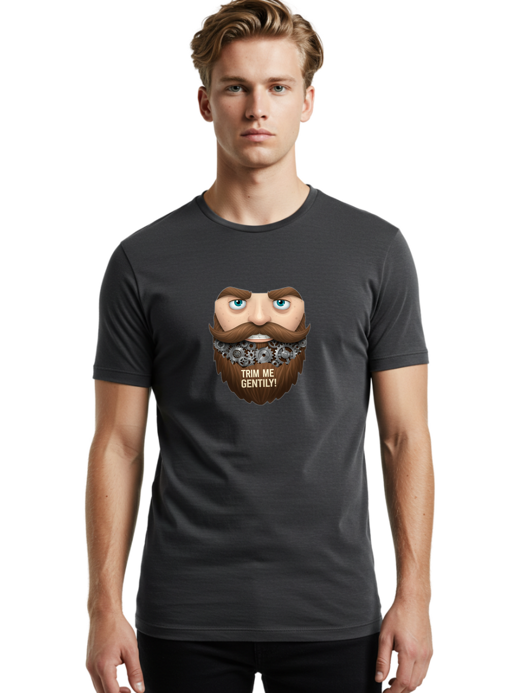 Trim-Me-Gentily Men'S Graphic Tee, 100% Cotton, Comfortable Casual Summer Wear, Machine Washable, Steampunk-Inspired Beard, Mechanical Gears, Vintage Grooming, Quirky Humor, Unique Facial Hair, Whimsical Design, Trim Me Gently, Bad861
