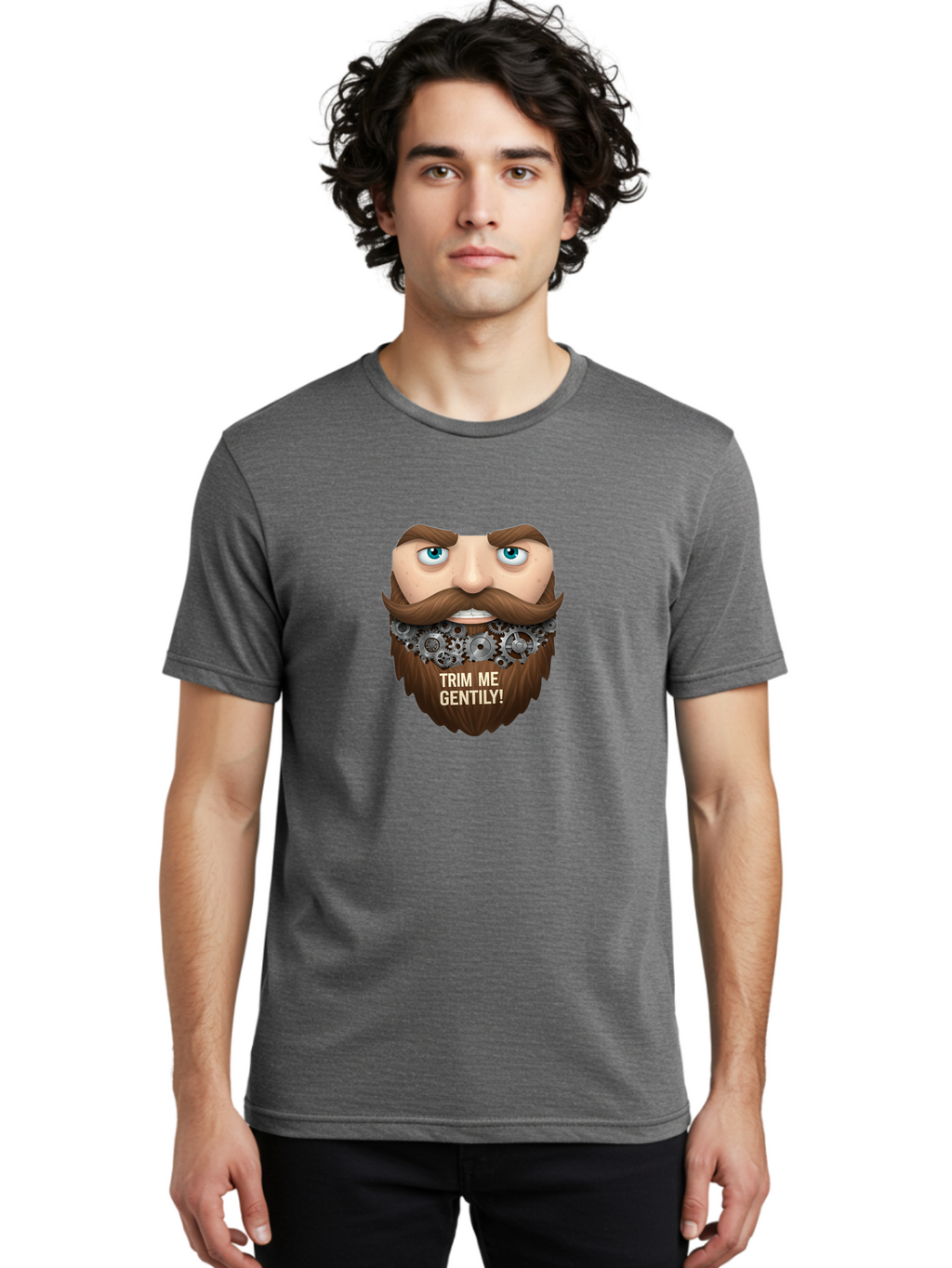 Trim-Me-Gentily Men'S Graphic Tee, 100% Cotton, Comfortable Casual Summer Wear, Machine Washable, Steampunk-Inspired Beard, Mechanical Gears, Vintage Grooming, Quirky Humor, Unique Facial Hair, Whimsical Design, Trim Me Gently, Bad861