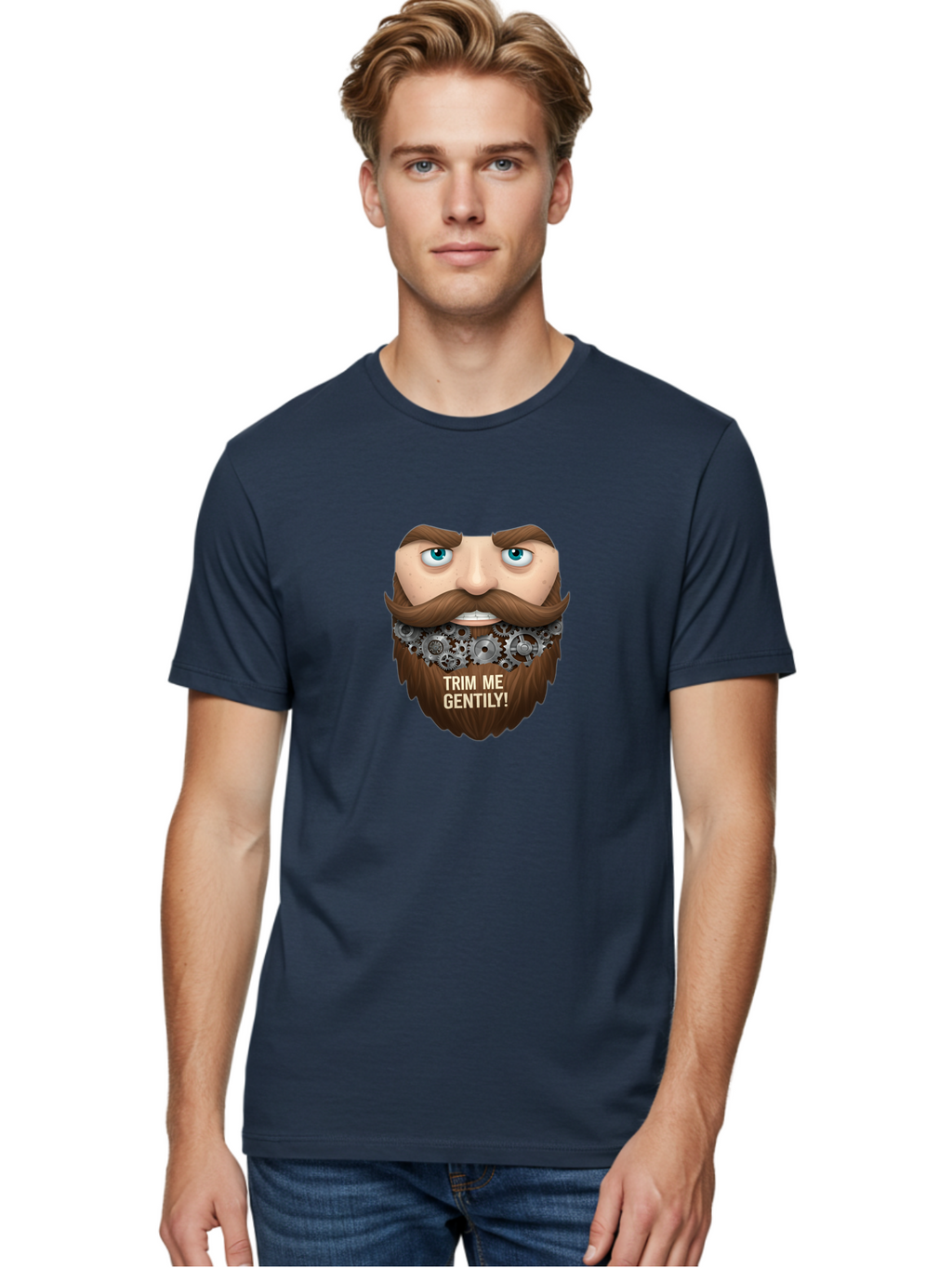 Trim-Me-Gentily Men'S Graphic Tee, 100% Cotton, Comfortable Casual Summer Wear, Machine Washable, Steampunk-Inspired Beard, Mechanical Gears, Vintage Grooming, Quirky Humor, Unique Facial Hair, Whimsical Design, Trim Me Gently, Bad861