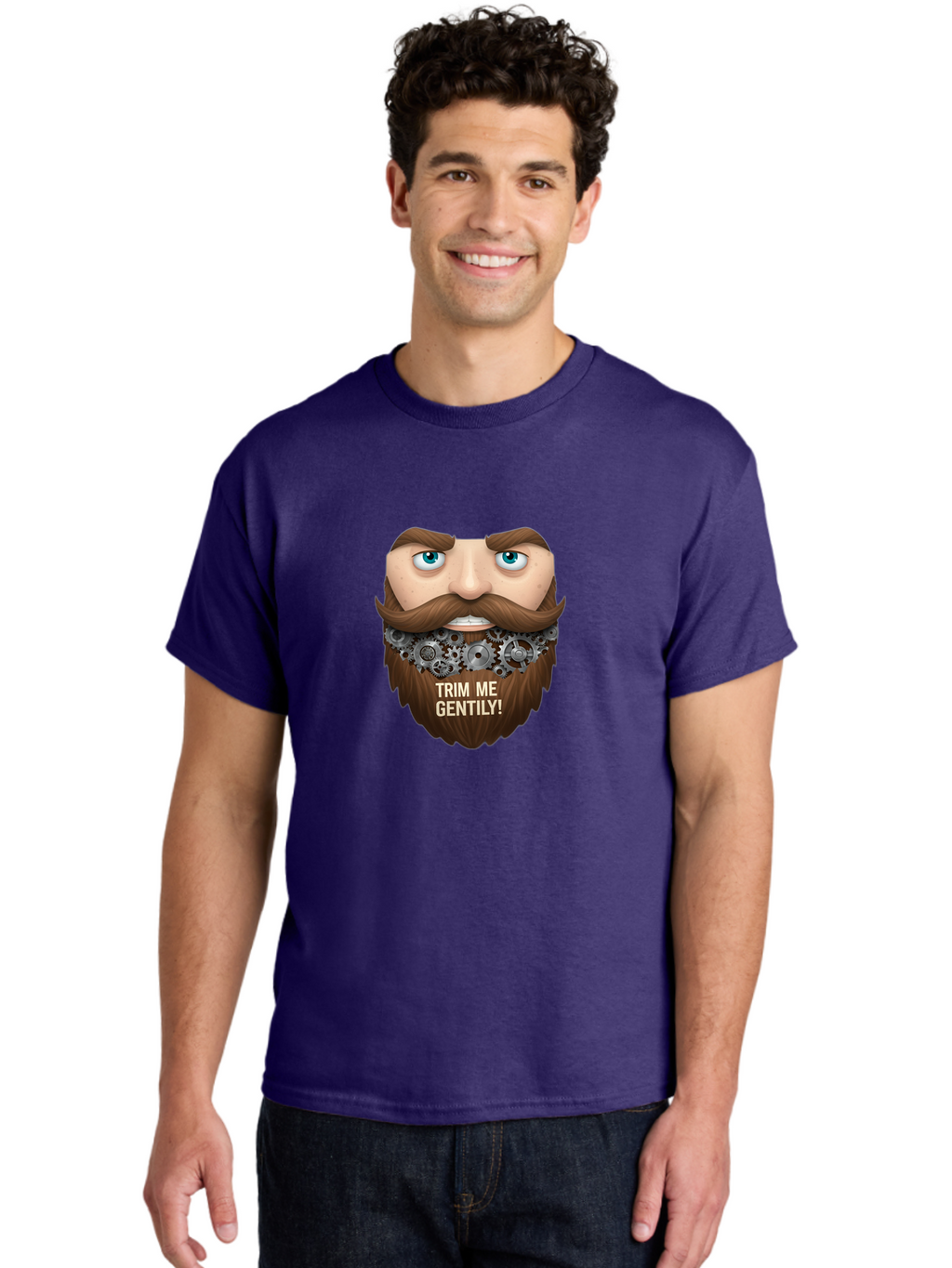 Trim-Me-Gentily Men'S Graphic Tee, 100% Cotton, Comfortable Casual Summer Wear, Machine Washable, Steampunk-Inspired Beard, Mechanical Gears, Vintage Grooming, Quirky Humor, Unique Facial Hair, Whimsical Design, Trim Me Gently, Bad861