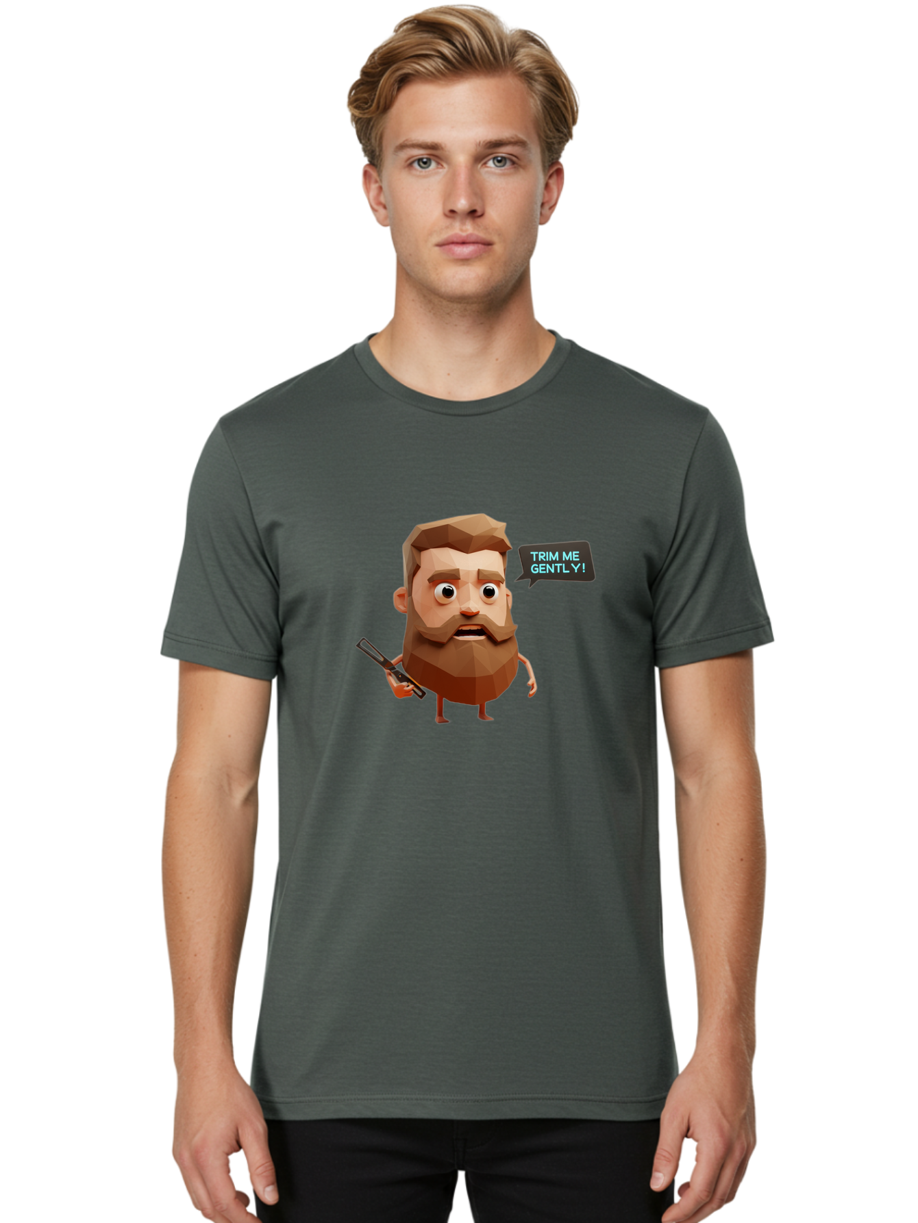 Trim-Me-Gently-1 Men'S Graphic Tee, 100% Cotton, Comfortable Casual Summer Wear, Machine Washable, Cartoon Man, Low Poly Character, 3D Illustration, Barber Theme, Grooming, Male Beauty, Beard Care, Scissors, Funny Expression Bad862
