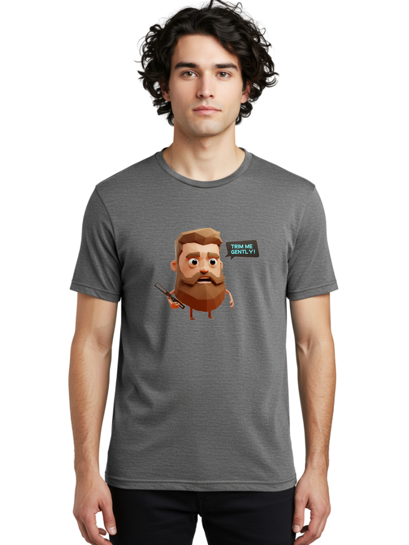 Trim-Me-Gently-1 Men'S Graphic Tee, 100% Cotton, Comfortable Casual Summer Wear, Machine Washable, Cartoon Man, Low Poly Character, 3D Illustration, Barber Theme, Grooming, Male Beauty, Beard Care, Scissors, Funny Expression Bad862