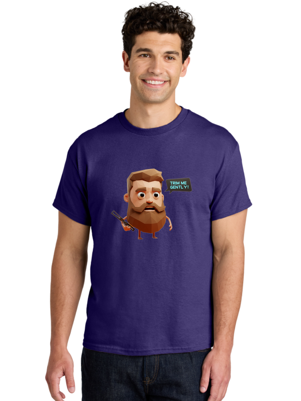 Trim-Me-Gently-1 Men'S Graphic Tee, 100% Cotton, Comfortable Casual Summer Wear, Machine Washable, Cartoon Man, Low Poly Character, 3D Illustration, Barber Theme, Grooming, Male Beauty, Beard Care, Scissors, Funny Expression Bad862
