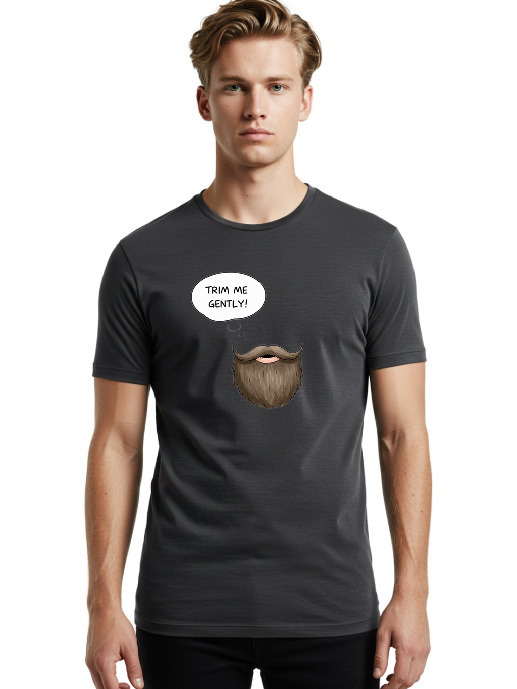 Trim-Me-Gently-2 Men'S Graphic Tee, 100% Cotton, Comfortable Casual Summer Wear, Machine Washable, Funny Cartoon Beard, Humorous Illustration, Whimsical Character, Mustache And Beard Combo, Playful Typography, Quirky Design, Bold Text, Bad863