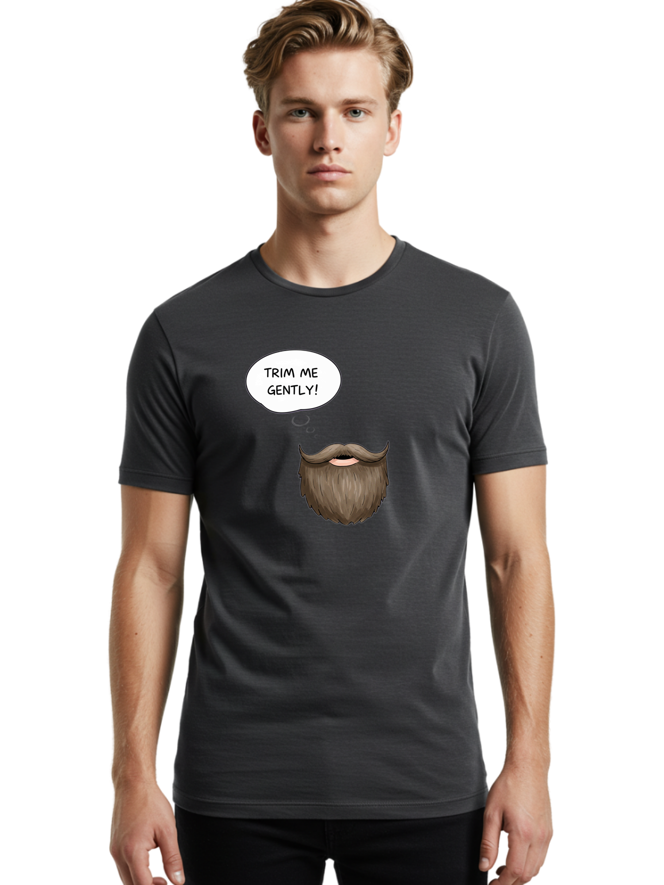 Trim-Me-Gently-2 Men'S Graphic Tee, 100% Cotton, Comfortable Casual Summer Wear, Machine Washable, Funny Cartoon Beard, Humorous Illustration, Whimsical Character, Mustache And Beard Combo, Playful Typography, Quirky Design, Bold Text, Bad863