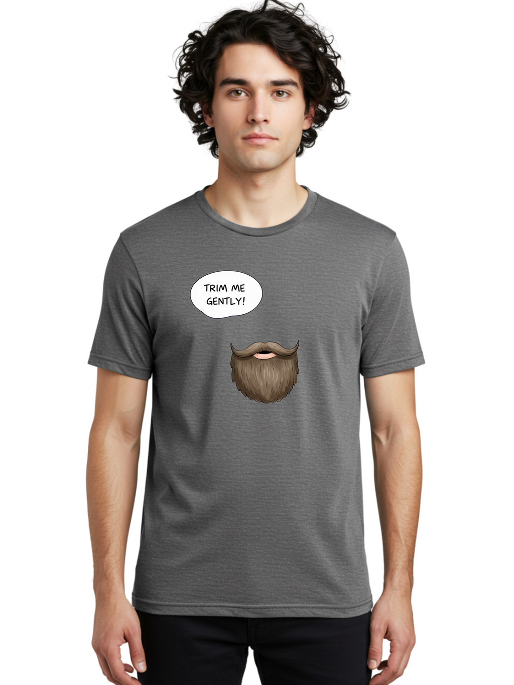 Trim-Me-Gently-2 Men'S Graphic Tee, 100% Cotton, Comfortable Casual Summer Wear, Machine Washable, Funny Cartoon Beard, Humorous Illustration, Whimsical Character, Mustache And Beard Combo, Playful Typography, Quirky Design, Bold Text, Bad863