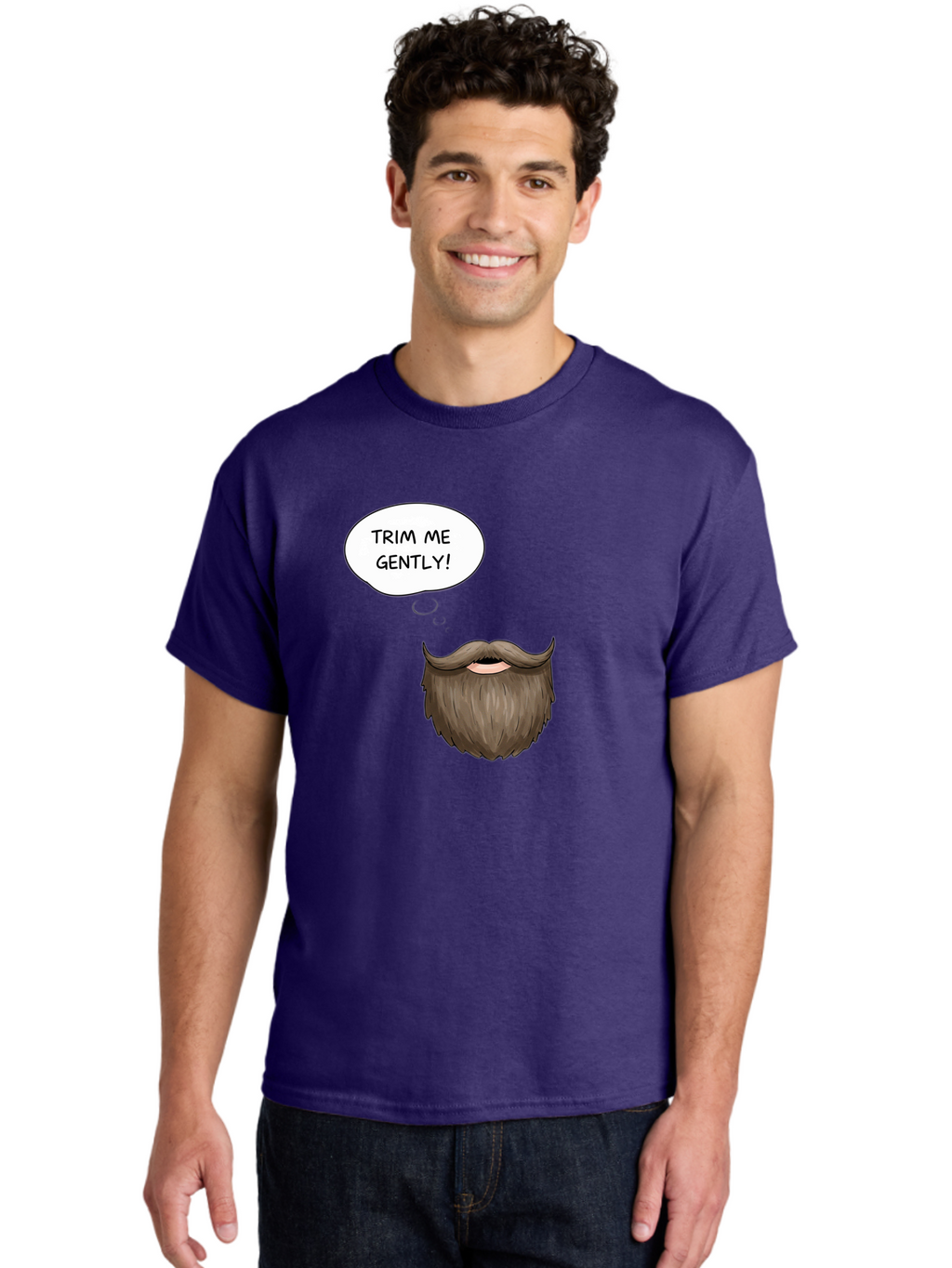 Trim-Me-Gently-2 Men'S Graphic Tee, 100% Cotton, Comfortable Casual Summer Wear, Machine Washable, Funny Cartoon Beard, Humorous Illustration, Whimsical Character, Mustache And Beard Combo, Playful Typography, Quirky Design, Bold Text, Bad863