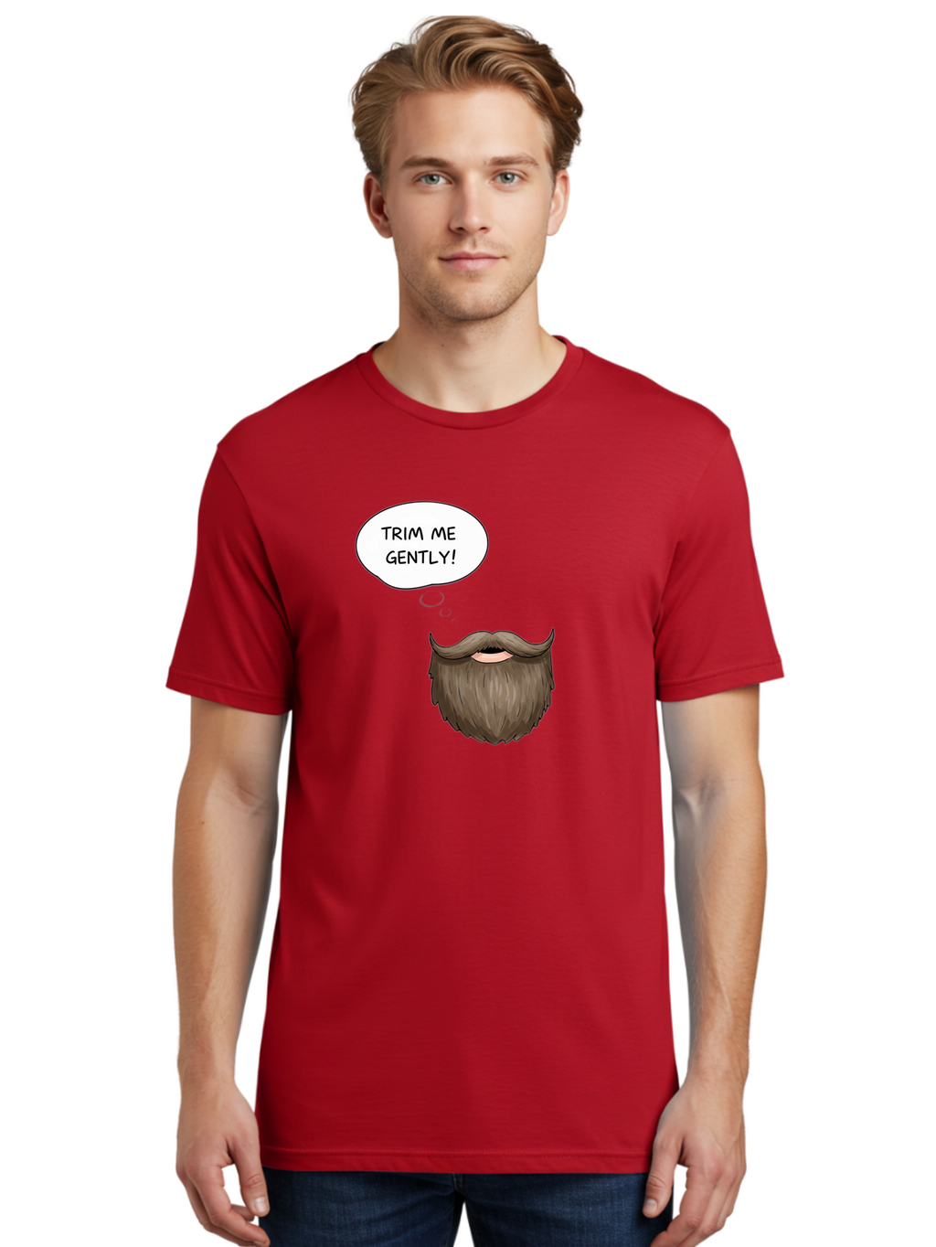 Trim-Me-Gently-2 Men'S Graphic Tee, 100% Cotton, Comfortable Casual Summer Wear, Machine Washable, Funny Cartoon Beard, Humorous Illustration, Whimsical Character, Mustache And Beard Combo, Playful Typography, Quirky Design, Bold Text, Bad863