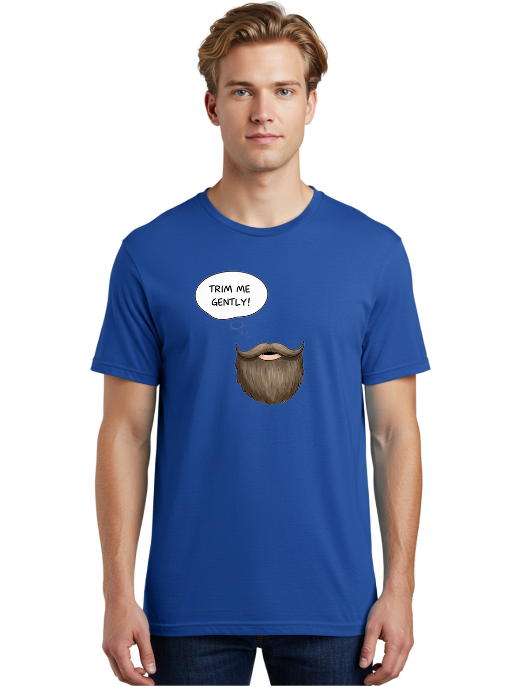 Trim-Me-Gently-2 Men'S Graphic Tee, 100% Cotton, Comfortable Casual Summer Wear, Machine Washable, Funny Cartoon Beard, Humorous Illustration, Whimsical Character, Mustache And Beard Combo, Playful Typography, Quirky Design, Bold Text, Bad863