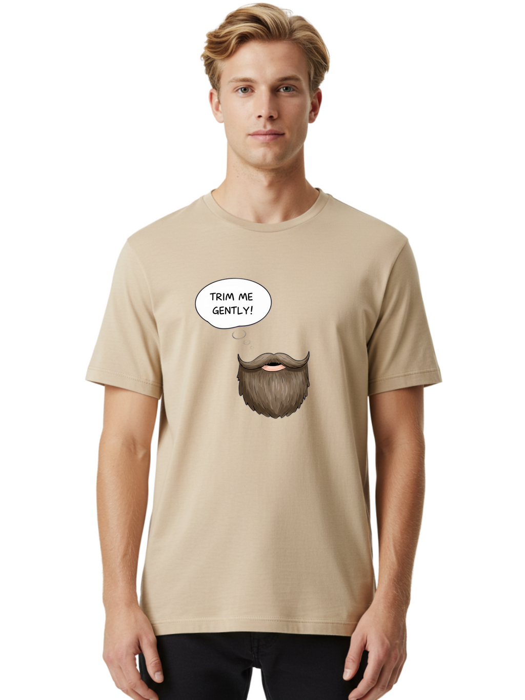 Trim-Me-Gently-2 Men'S Graphic Tee, 100% Cotton, Comfortable Casual Summer Wear, Machine Washable, Funny Cartoon Beard, Humorous Illustration, Whimsical Character, Mustache And Beard Combo, Playful Typography, Quirky Design, Bold Text, Bad863