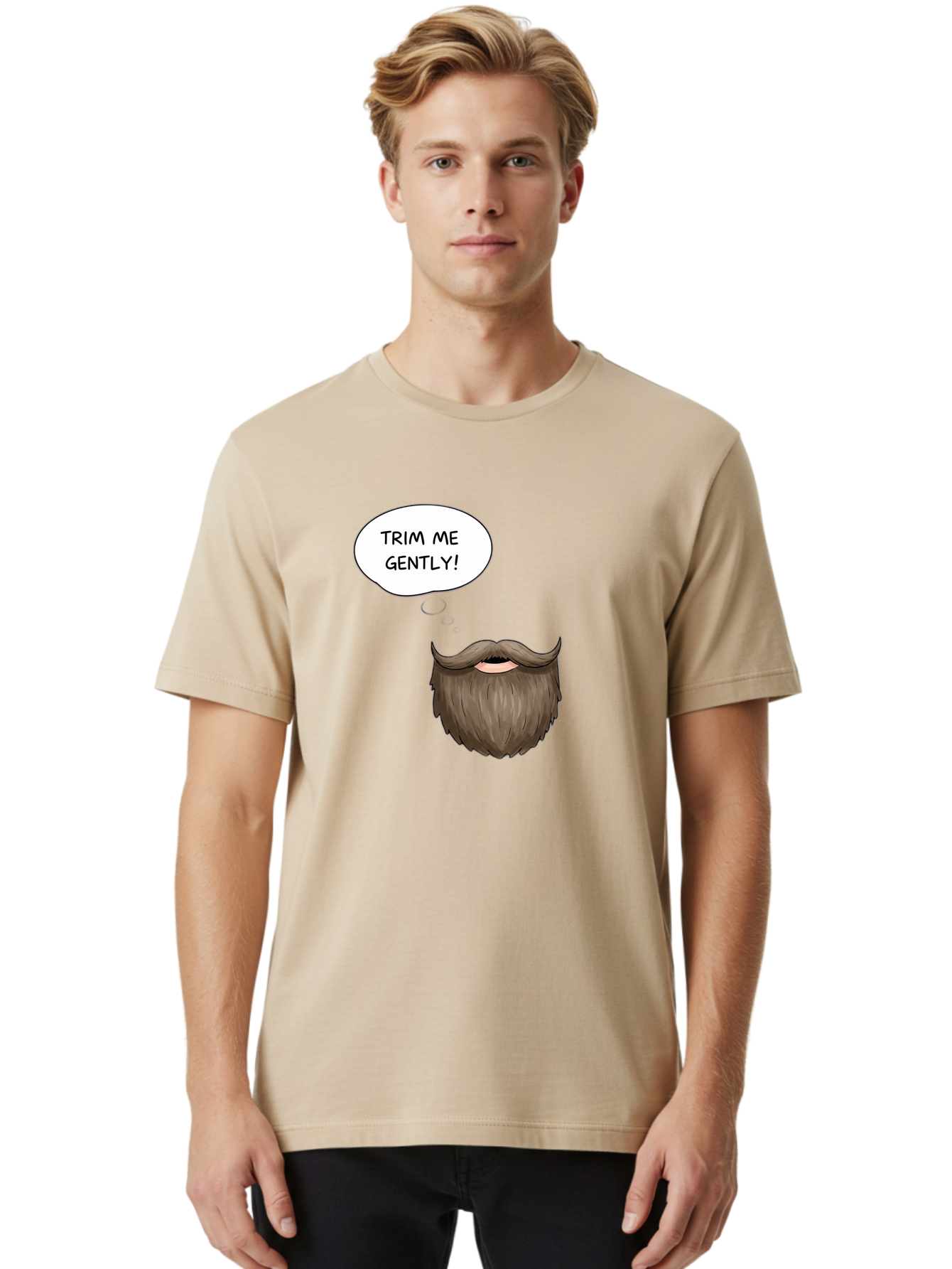 Trim-Me-Gently-2 Men'S Graphic Tee, 100% Cotton, Comfortable Casual Summer Wear, Machine Washable, Funny Cartoon Beard, Humorous Illustration, Whimsical Character, Mustache And Beard Combo, Playful Typography, Quirky Design, Bold Text, Bad863