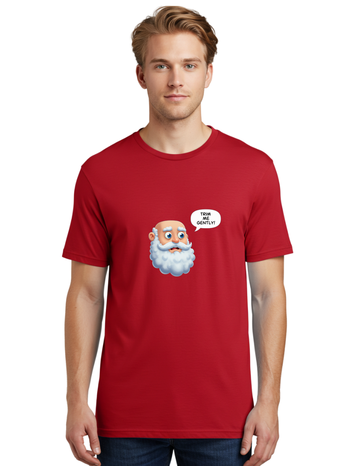 Trim-Me-Gently-4 Men'S Graphic Tee, 100% Cotton, Comfortable Casual Summer Wear, Machine Washable, Funny Cartoon Character, White Beard, Blue Eyes, Humorous Expression, Speech Bubble, Trim Me Gently, Comedic Style, Cartoon Humor, Bad865