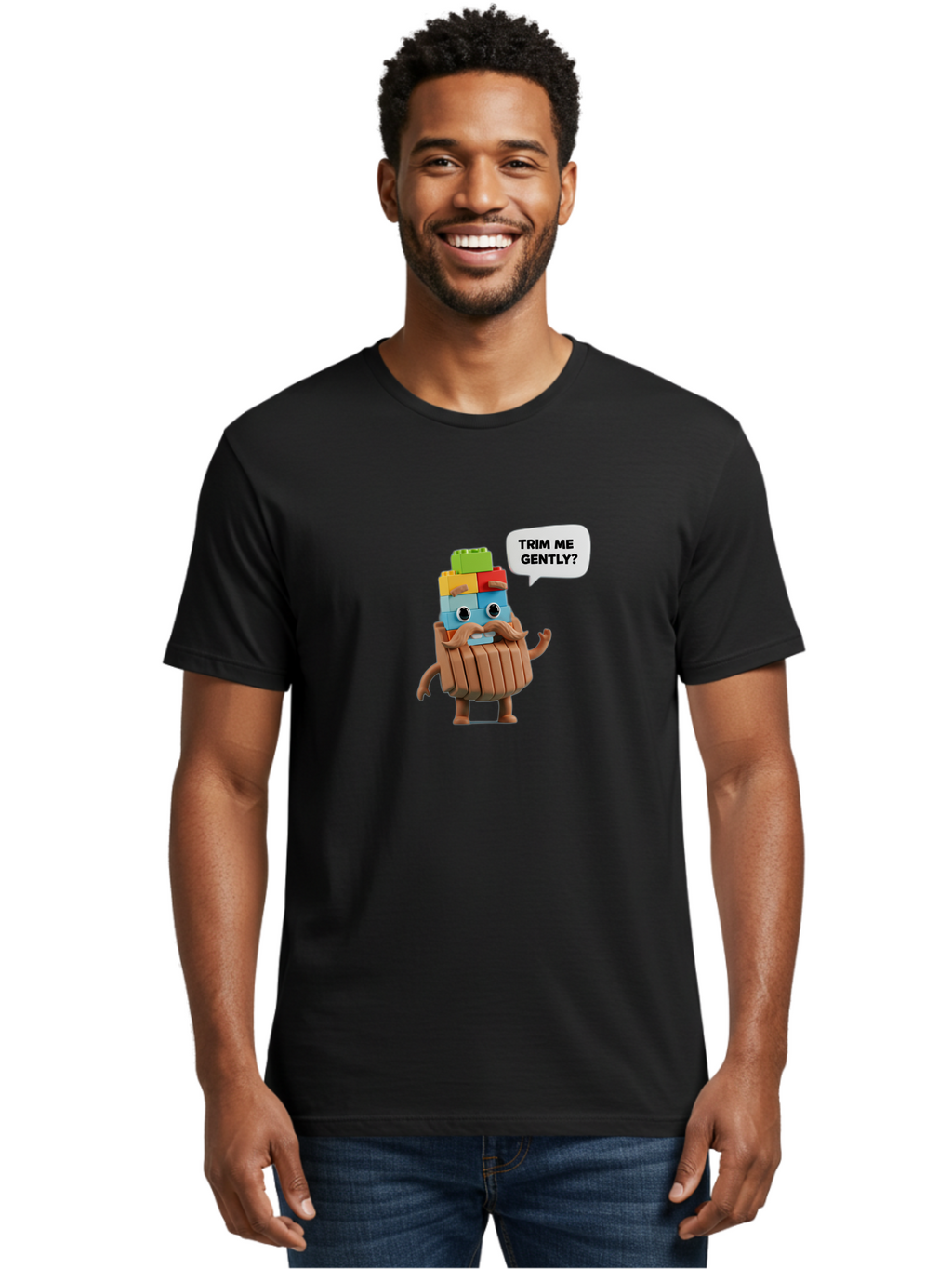 Trim-Me-Gently-5 Men'S Graphic Tee, 100% Cotton, Comfortable Casual Summer Wear, Machine Washable, Funny Character, Lego Figure, Cartoon Style, Humorous Mustache, Comedic Expression, Quirky Personality, Playful Design, Building Blocks, Bad866