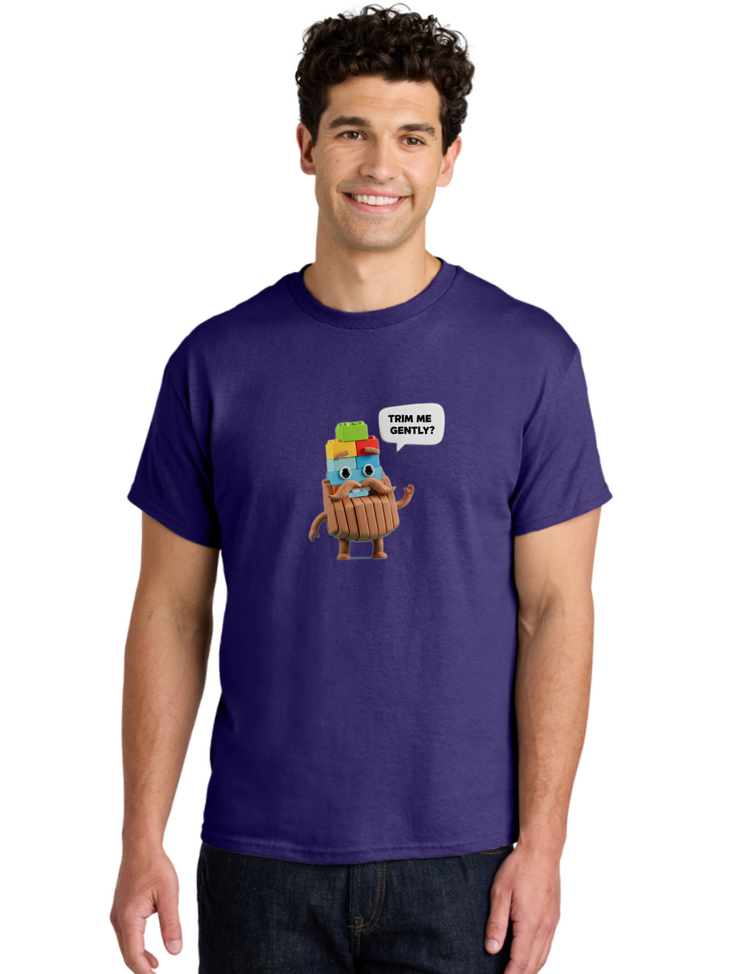 Trim-Me-Gently-5 Men'S Graphic Tee, 100% Cotton, Comfortable Casual Summer Wear, Machine Washable, Funny Character, Lego Figure, Cartoon Style, Humorous Mustache, Comedic Expression, Quirky Personality, Playful Design, Building Blocks, Bad866