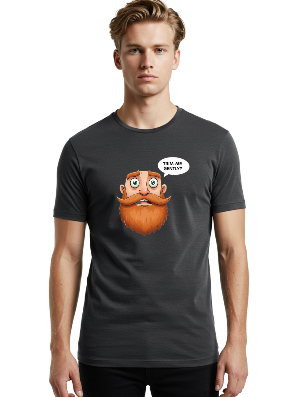 Trim-Me-Gently Men'S Graphic Tee, 100% Cotton, Comfortable Casual Summer Wear, Machine Washable, Cartoon Man With Large Beard, Funny Character, Humorous Illustration, Comedic Expression, Mustache And Beard, Gentle Trim Request, Cartoon Style, Bad867
