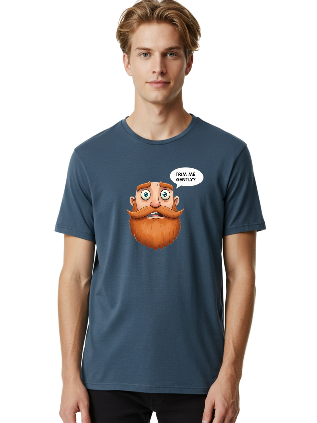 Trim-Me-Gently Men'S Graphic Tee, 100% Cotton, Comfortable Casual Summer Wear, Machine Washable, Cartoon Man With Large Beard, Funny Character, Humorous Illustration, Comedic Expression, Mustache And Beard, Gentle Trim Request, Cartoon Style, Bad867