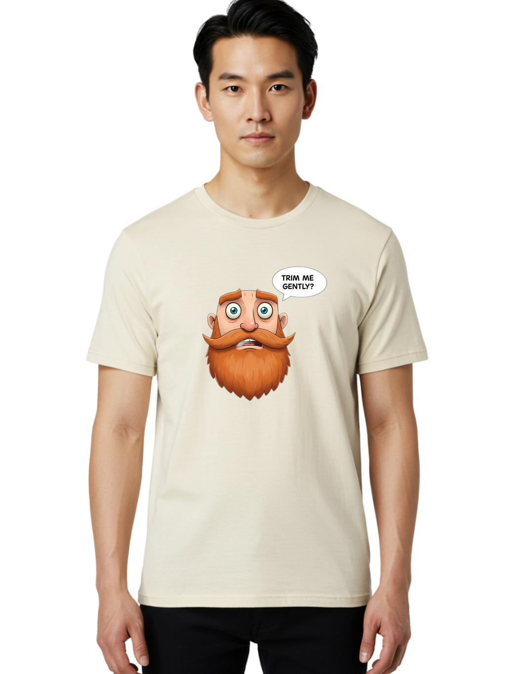 Trim-Me-Gently Men'S Graphic Tee, 100% Cotton, Comfortable Casual Summer Wear, Machine Washable, Cartoon Man With Large Beard, Funny Character, Humorous Illustration, Comedic Expression, Mustache And Beard, Gentle Trim Request, Cartoon Style, Bad867
