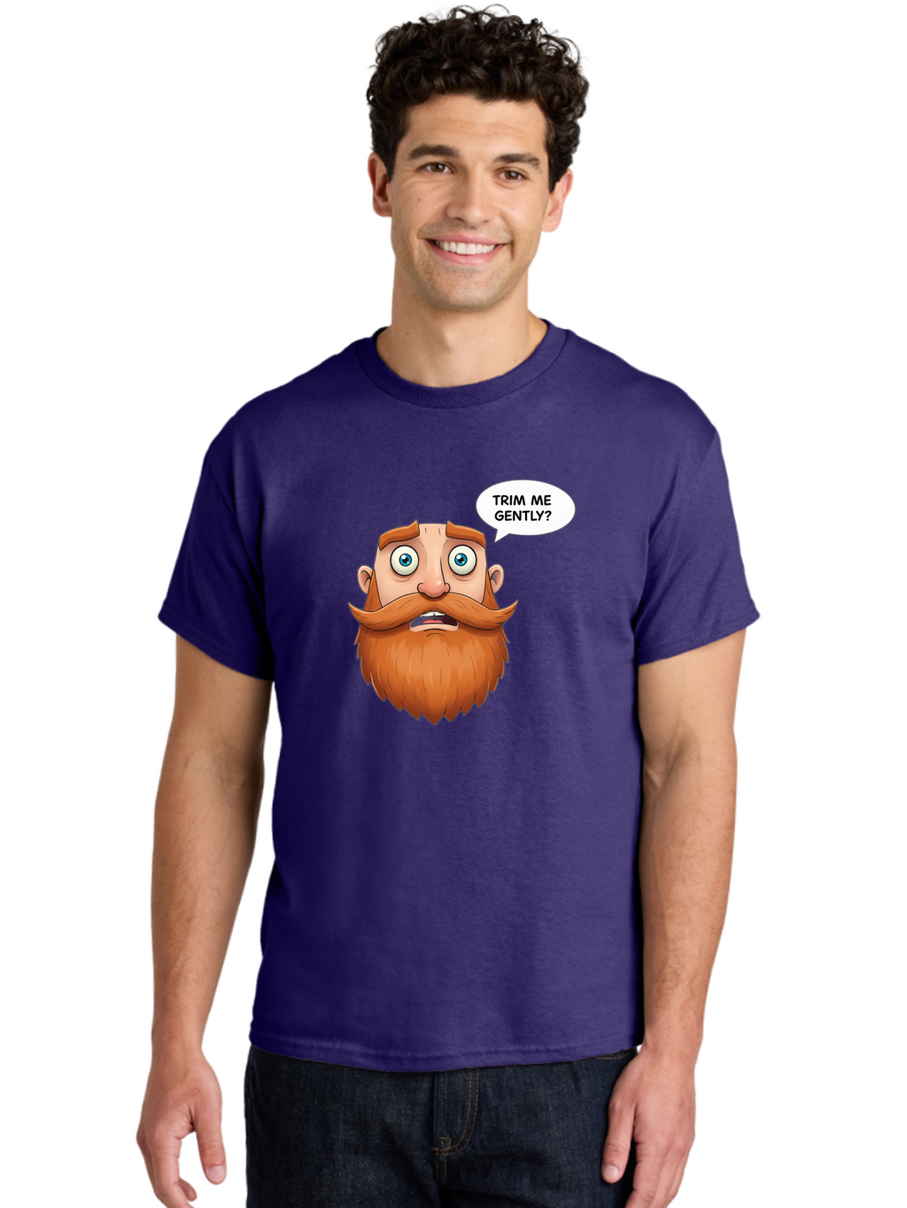 Trim-Me-Gently Men'S Graphic Tee, 100% Cotton, Comfortable Casual Summer Wear, Machine Washable, Cartoon Man With Large Beard, Funny Character, Humorous Illustration, Comedic Expression, Mustache And Beard, Gentle Trim Request, Cartoon Style, Bad867