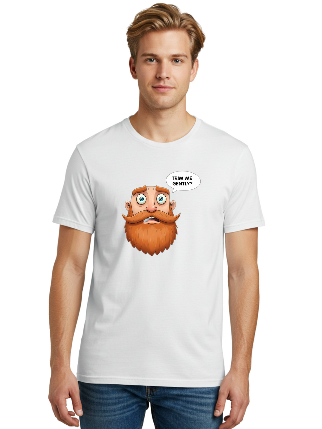 Trim-Me-Gently Men'S Graphic Tee, 100% Cotton, Comfortable Casual Summer Wear, Machine Washable, Cartoon Man With Large Beard, Funny Character, Humorous Illustration, Comedic Expression, Mustache And Beard, Gentle Trim Request, Cartoon Style, Bad867