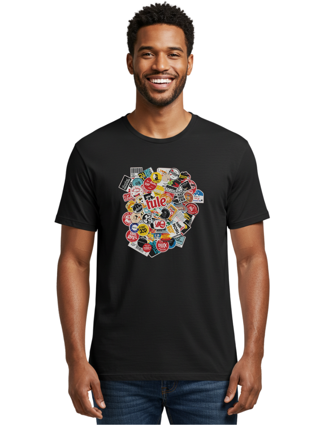 Tule-Sticker-Collage Men'S Graphic Tee, 100% Cotton, Comfortable Casual Summer Wear, Machine Washable, Sticker Collection, Vinyl Stickers, Label Art, Diverse Designs, Quirky Graphics, Bold Typography, Eclectic Mix, Logos, Branding, Decals, Bad868