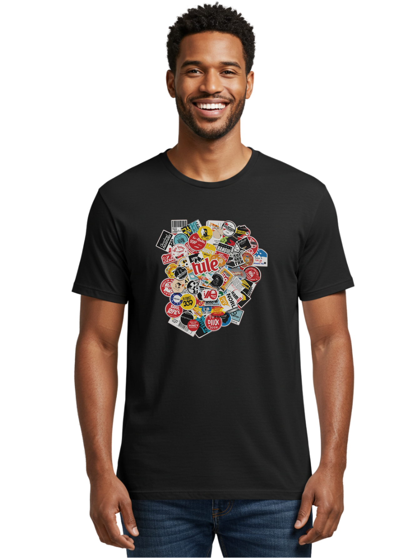 Tule-Sticker-Collage Men'S Graphic Tee, 100% Cotton, Comfortable Casual Summer Wear, Machine Washable, Sticker Collection, Vinyl Stickers, Label Art, Diverse Designs, Quirky Graphics, Bold Typography, Eclectic Mix, Logos, Branding, Decals, Bad868