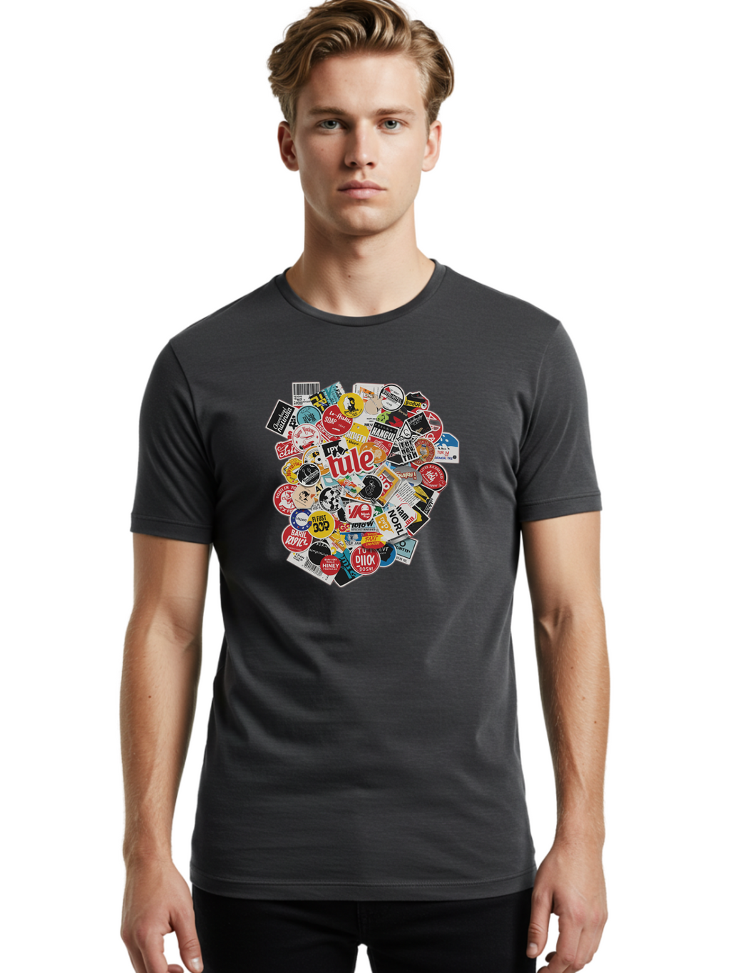 Tule-Sticker-Collage Men'S Graphic Tee, 100% Cotton, Comfortable Casual Summer Wear, Machine Washable, Sticker Collection, Vinyl Stickers, Label Art, Diverse Designs, Quirky Graphics, Bold Typography, Eclectic Mix, Logos, Branding, Decals, Bad868