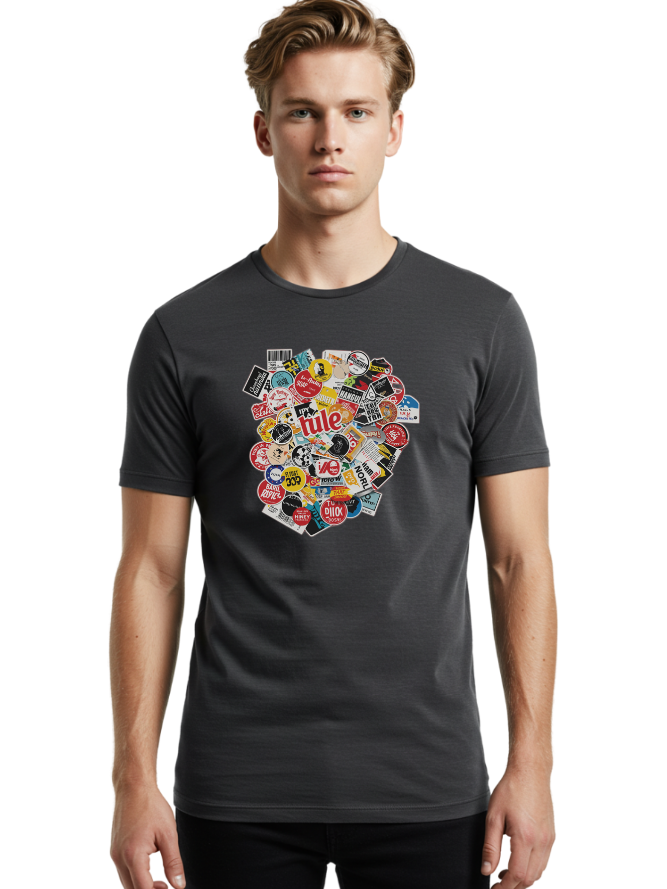 Tule-Sticker-Collage Men'S Graphic Tee, 100% Cotton, Comfortable Casual Summer Wear, Machine Washable, Sticker Collection, Vinyl Stickers, Label Art, Diverse Designs, Quirky Graphics, Bold Typography, Eclectic Mix, Logos, Branding, Decals, Bad868
