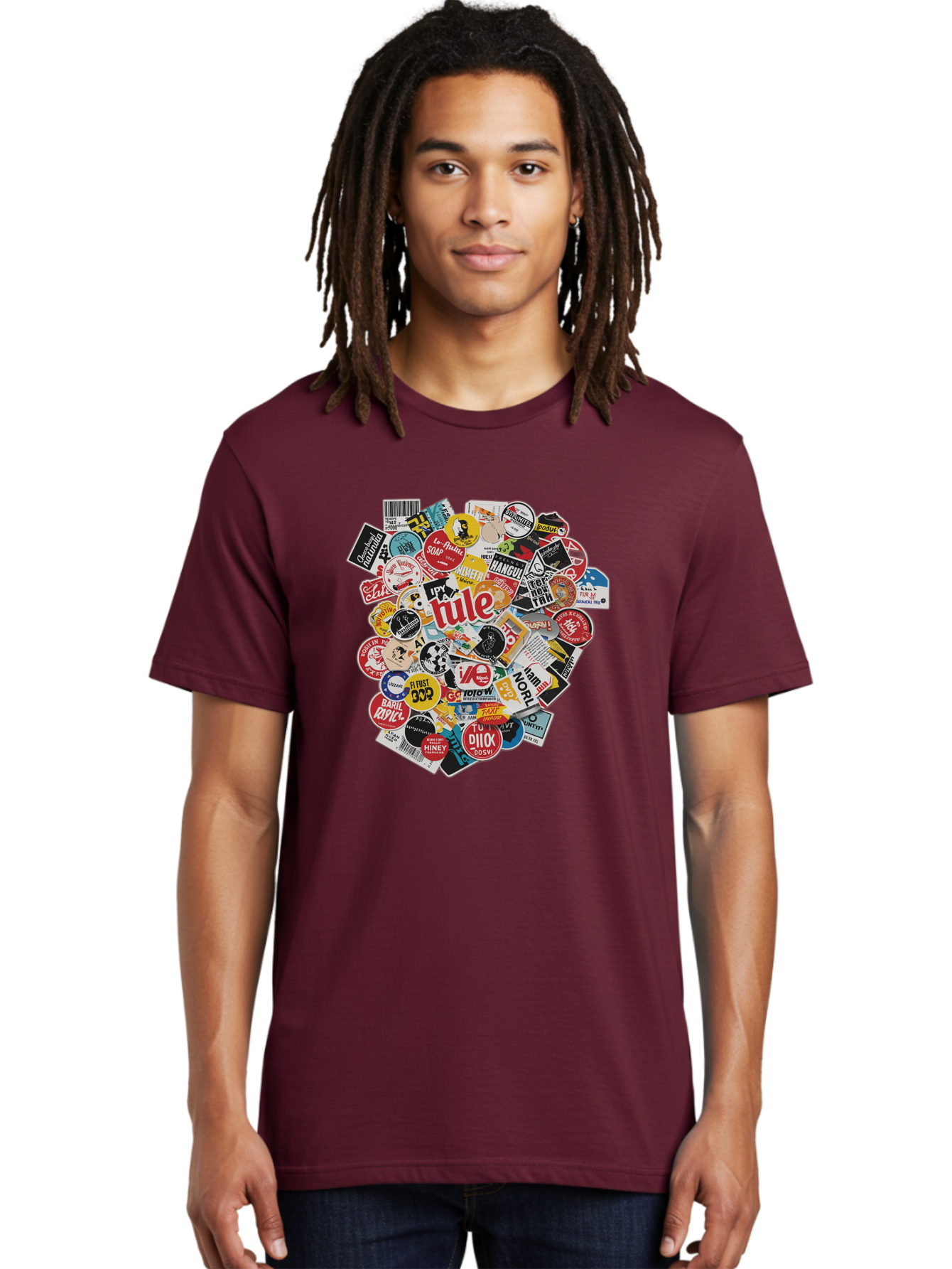 Tule-Sticker-Collage Men'S Graphic Tee, 100% Cotton, Comfortable Casual Summer Wear, Machine Washable, Sticker Collection, Vinyl Stickers, Label Art, Diverse Designs, Quirky Graphics, Bold Typography, Eclectic Mix, Logos, Branding, Decals, Bad868