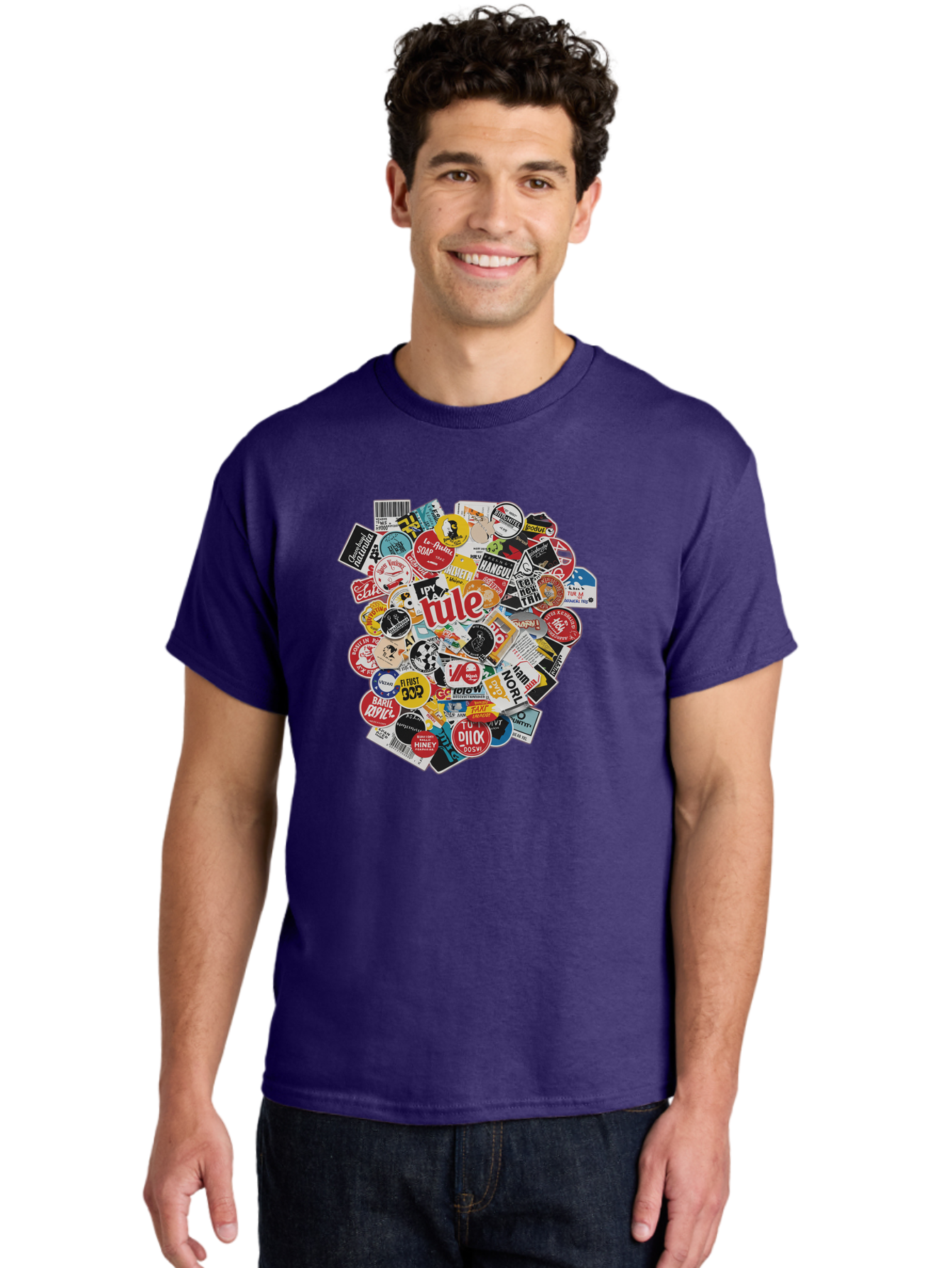 Tule-Sticker-Collage Men'S Graphic Tee, 100% Cotton, Comfortable Casual Summer Wear, Machine Washable, Sticker Collection, Vinyl Stickers, Label Art, Diverse Designs, Quirky Graphics, Bold Typography, Eclectic Mix, Logos, Branding, Decals, Bad868