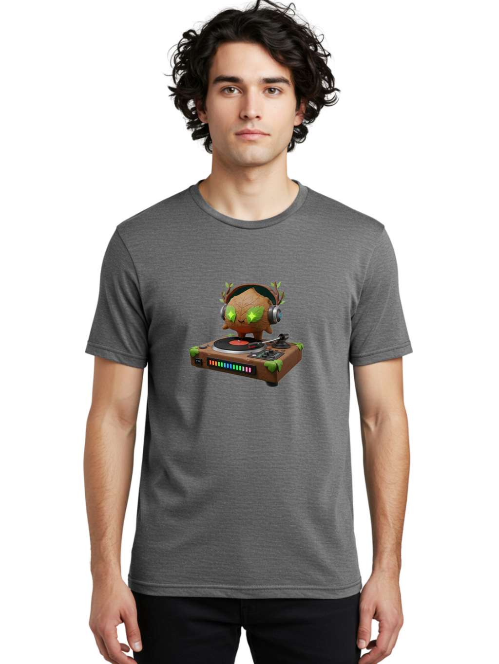 Tumbleweed-Dj Men'S Graphic Tee, 100% Cotton, Comfortable Casual Summer Wear, Machine Washable, Cartoon Leaf Dj, Record Player, Tumble Leaf, Music, Techno, Vinyl Records, Electronic Dance Music, Deejay Equipment Bad869
