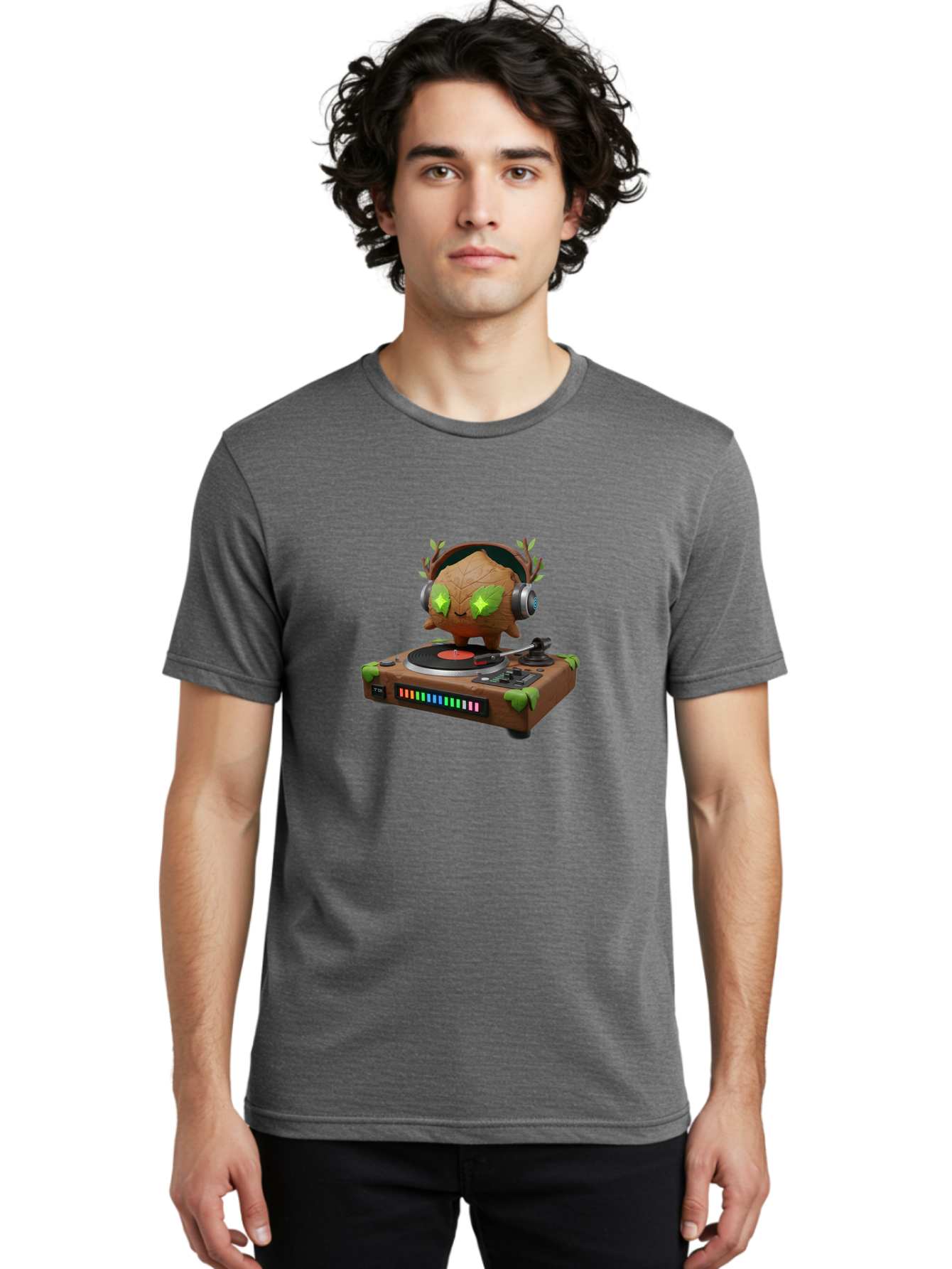 Tumbleweed-Dj Men'S Graphic Tee, 100% Cotton, Comfortable Casual Summer Wear, Machine Washable, Cartoon Leaf Dj, Record Player, Tumble Leaf, Music, Techno, Vinyl Records, Electronic Dance Music, Deejay Equipment Bad869