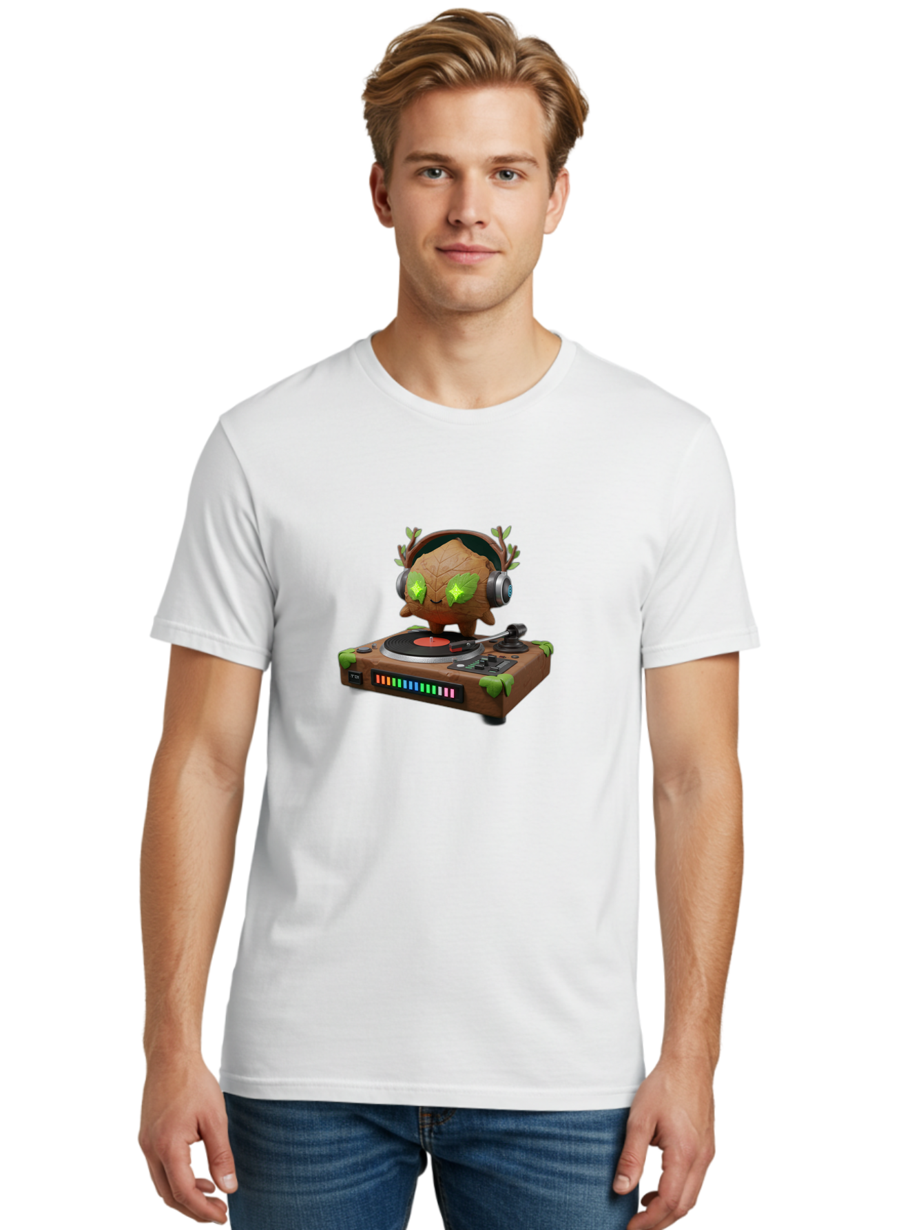 Tumbleweed-Dj Men'S Graphic Tee, 100% Cotton, Comfortable Casual Summer Wear, Machine Washable, Cartoon Leaf Dj, Record Player, Tumble Leaf, Music, Techno, Vinyl Records, Electronic Dance Music, Deejay Equipment Bad869
