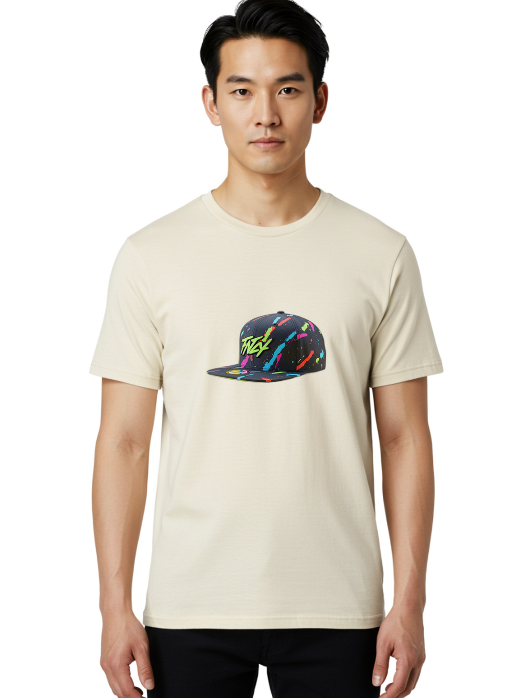Twst-Baseball-Cap Men'S Graphic Tee, 100% Cotton, Comfortable Casual Summer Wear, Machine Washable, Graffiti Style Cap, Streetwear Fashion, Urban Clothing, Colorful Splatters, Trendy Accessories, Casual Wear, Flex Logo Bad870