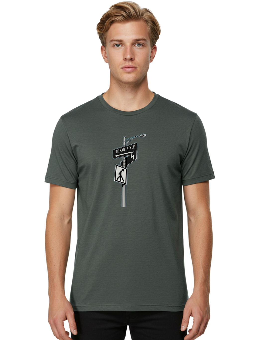 Urban-Style-5 Men'S Graphic Tee, 100% Cotton, Comfortable Casual Summer Wear, Machine Washable, Street Signs, Urban Direction, Street Style, Black And White, Directional Signs, City Life, Pedestrian Crossing, Street Lamp Bad876