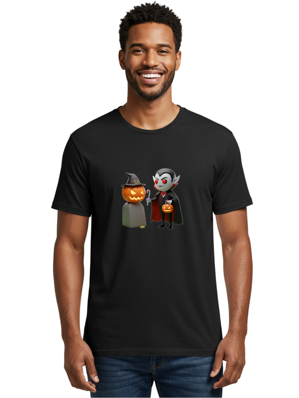 Vampire-And-Jack-O-Lantern Men'S Graphic Tee, 100% Cotton, Comfortable Casual Summer Wear, Machine Washable, Vampire Character, Jack-O-Lantern, Halloween Theme, Cartoon Style, Spooky Atmosphere, 3D Illustration, Trick Or Treat, Gothic, Fantasy Bad879
