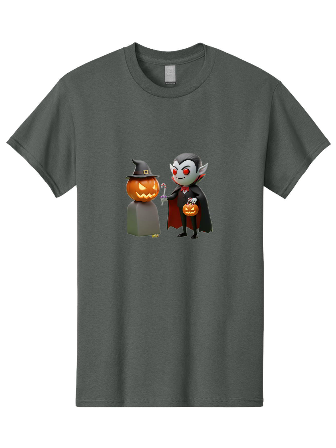 Vampire-And-Jack-O-Lantern Men'S Graphic Tee, 100% Cotton, Comfortable Casual Summer Wear, Machine Washable, Vampire Character, Jack-O-Lantern, Halloween Theme, Cartoon Style, Spooky Atmosphere, 3D Illustration, Trick Or Treat, Gothic, Fantasy Bad879