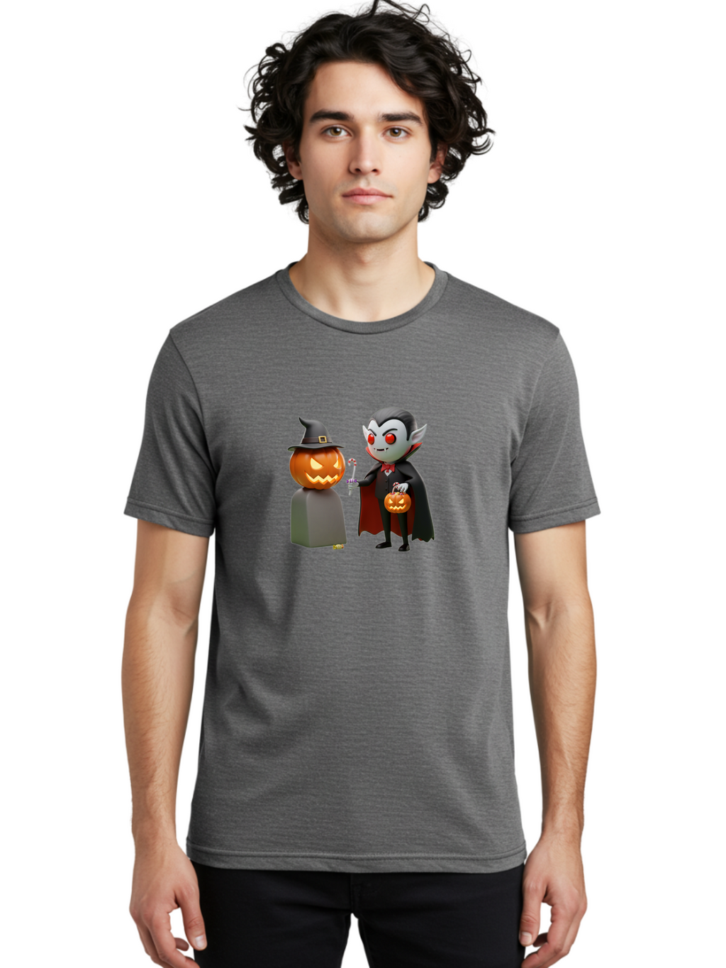 Vampire-And-Jack-O-Lantern Men'S Graphic Tee, 100% Cotton, Comfortable Casual Summer Wear, Machine Washable, Vampire Character, Jack-O-Lantern, Halloween Theme, Cartoon Style, Spooky Atmosphere, 3D Illustration, Trick Or Treat, Gothic, Fantasy Bad879